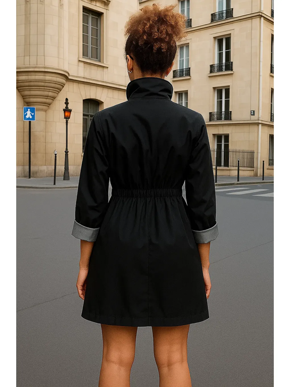 Kadın Büzgülü Premium Siyah Kısa Trençkot-5