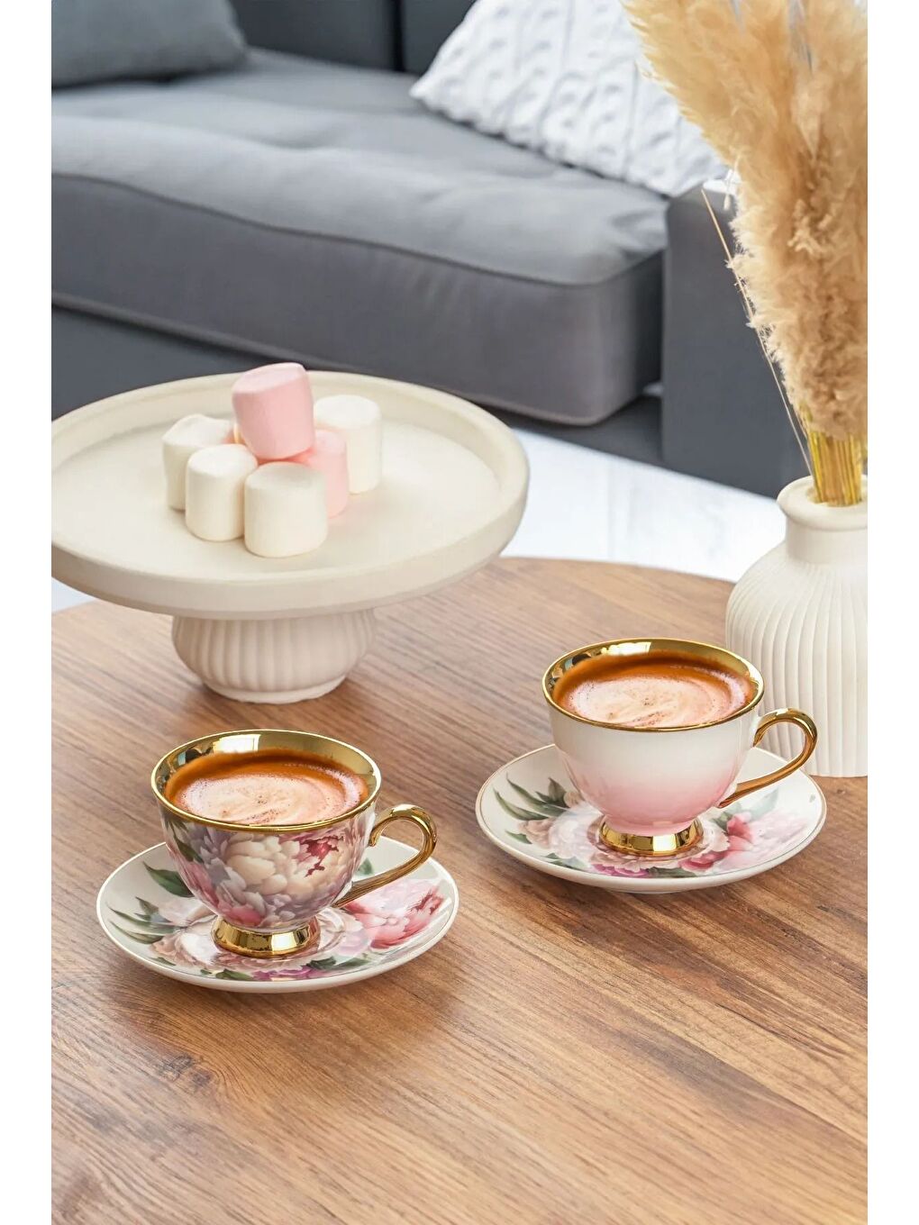 Beyaz 101762 Garden Gold Yaldızlı Desenli Fincan Takımı Porselen Türk Kahvesi 6 Kişilik 12 Parça