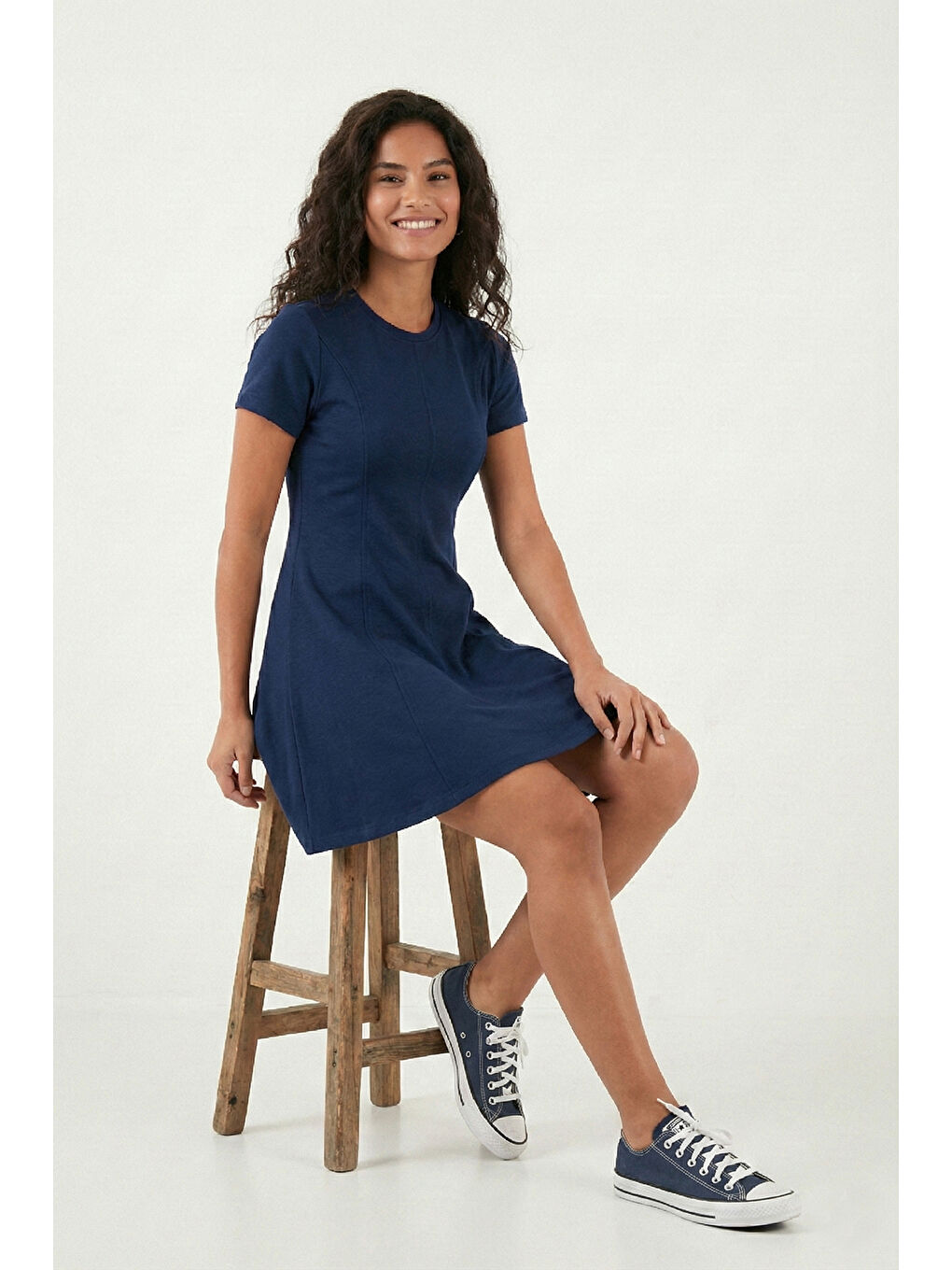 Lacivert Regular Fit Bisiklet Yaka Pileli Kadın Mini Elbise 5866342-1