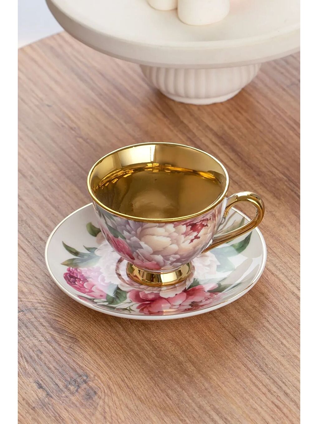 Beyaz 101762 Garden Gold Yaldızlı Desenli Fincan Takımı Porselen Türk Kahvesi 6 Kişilik 12 Parça-1