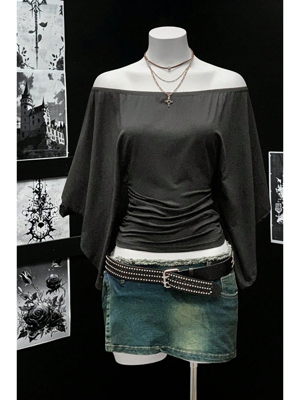 Siyah Kadın Kayık Yaka Flare Kol Drapeli Fit Bluz-6