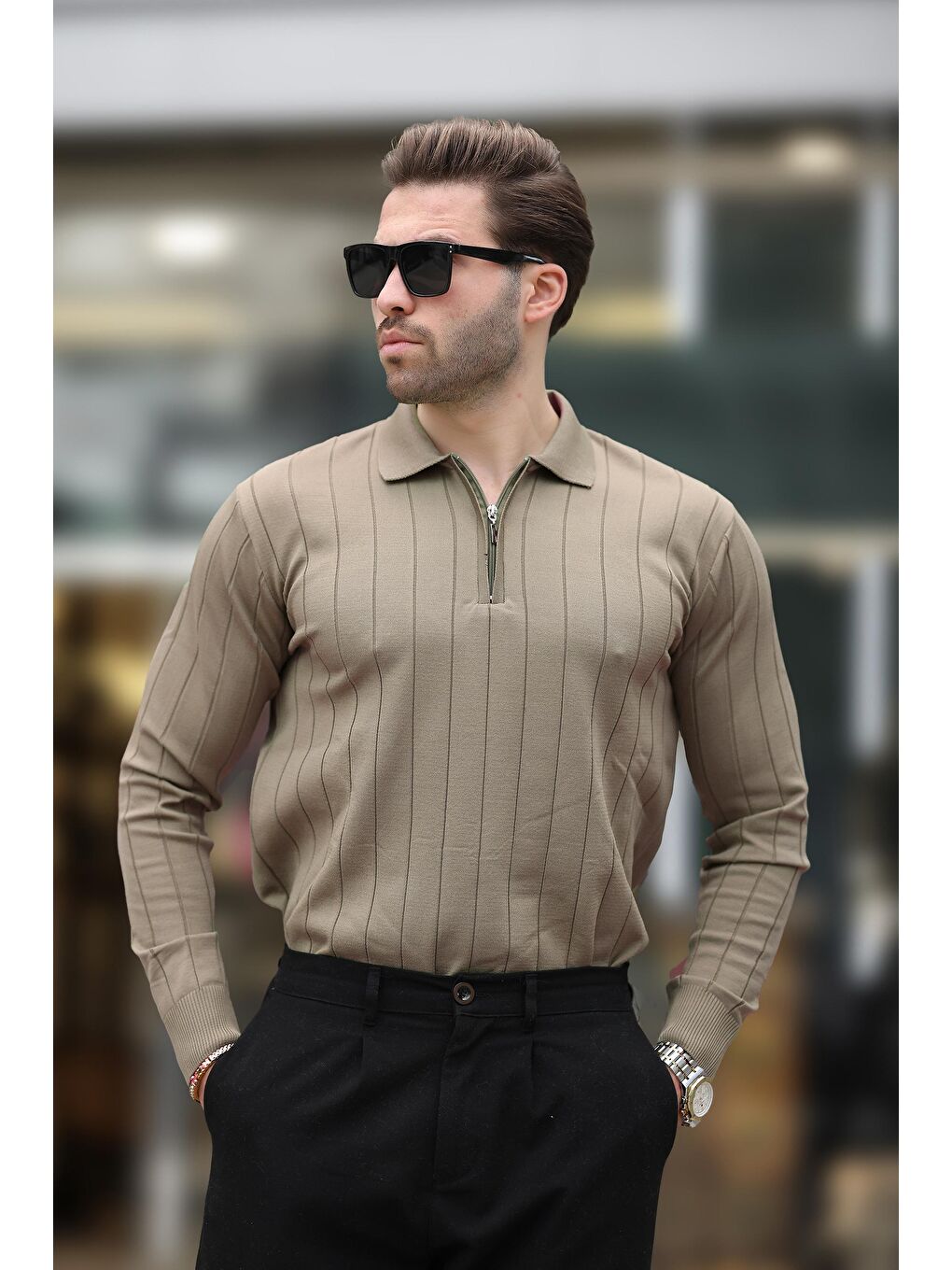 Açık Kahverengi Polo Yaka Fermuarlı Örme Kazak-2