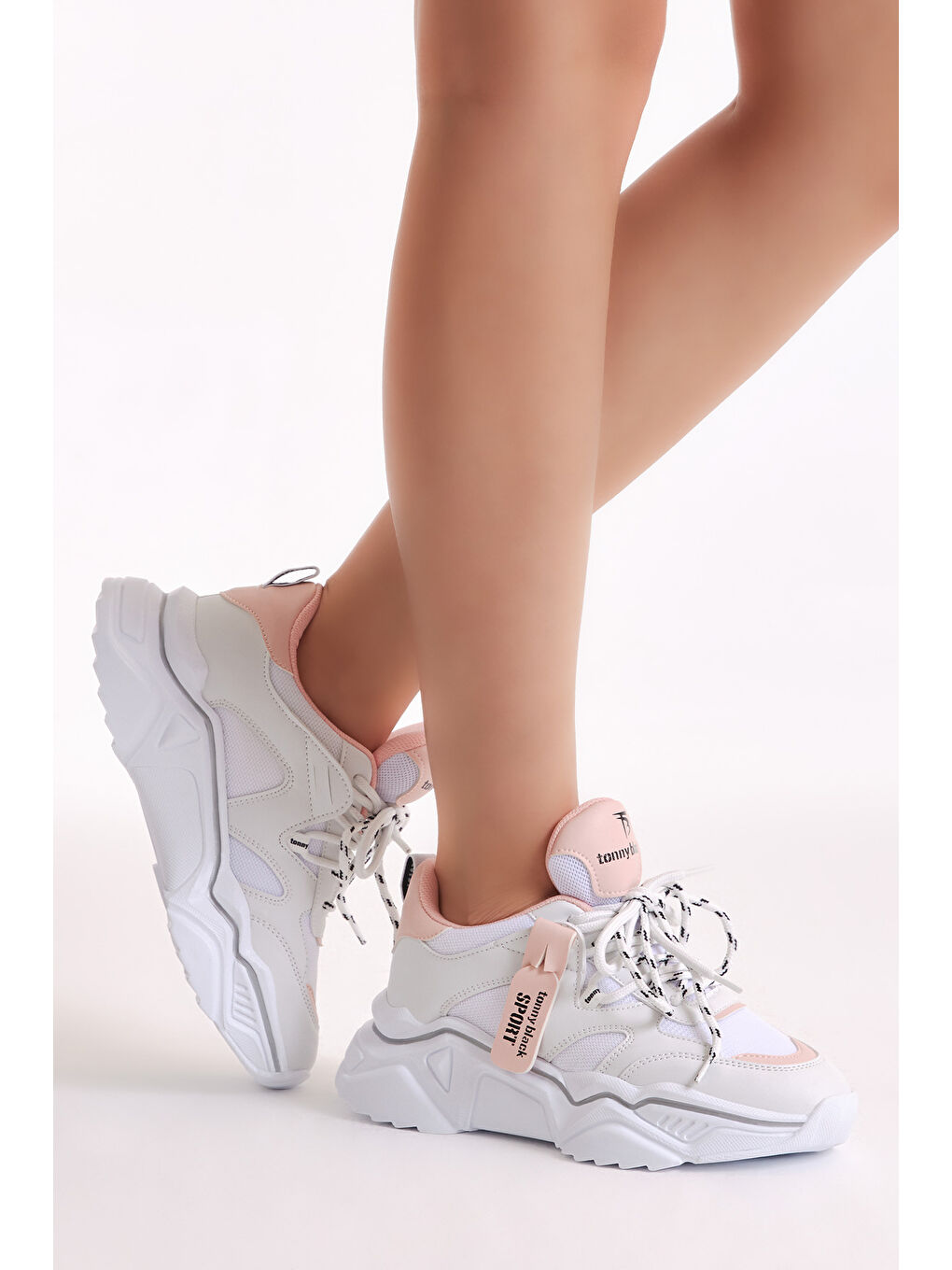 Kadın Beyaz Pembe Rahat Kalıp Yüksek Taban Çift Bağcıklı Spor Ayakkabı-2