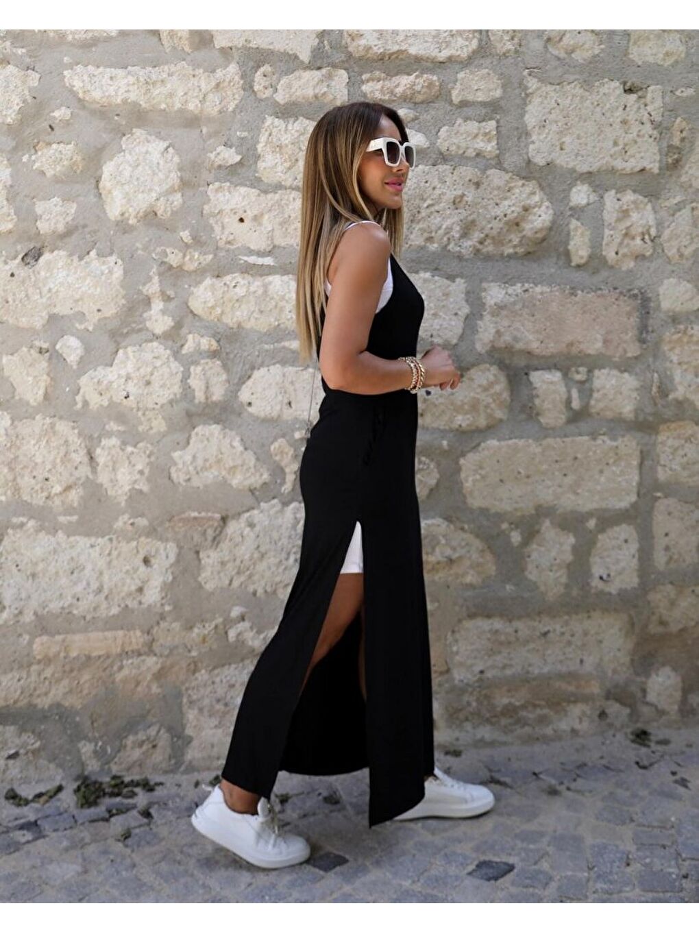 Siyah Kadın Yırtmaç Detaylı Viskon Kumaş Maxi Boy Cepli Iç Dahil Ikili Elbise-2