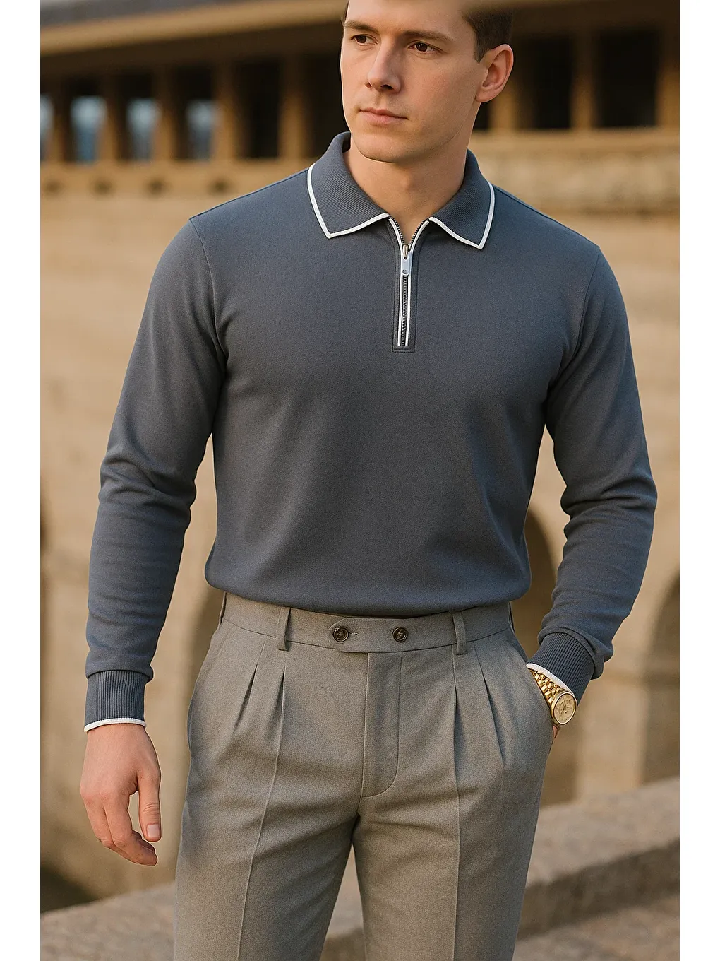 Gri Erkek Çizgili Trend Uzun Kollu Füme Polo Yaka Kazak-1