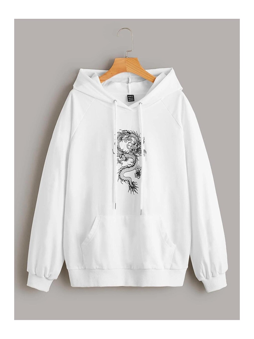 Kadın Beyaz Kapüşonlu Oversize Önü Ejder Baskılı Hoodie Sweatshirt