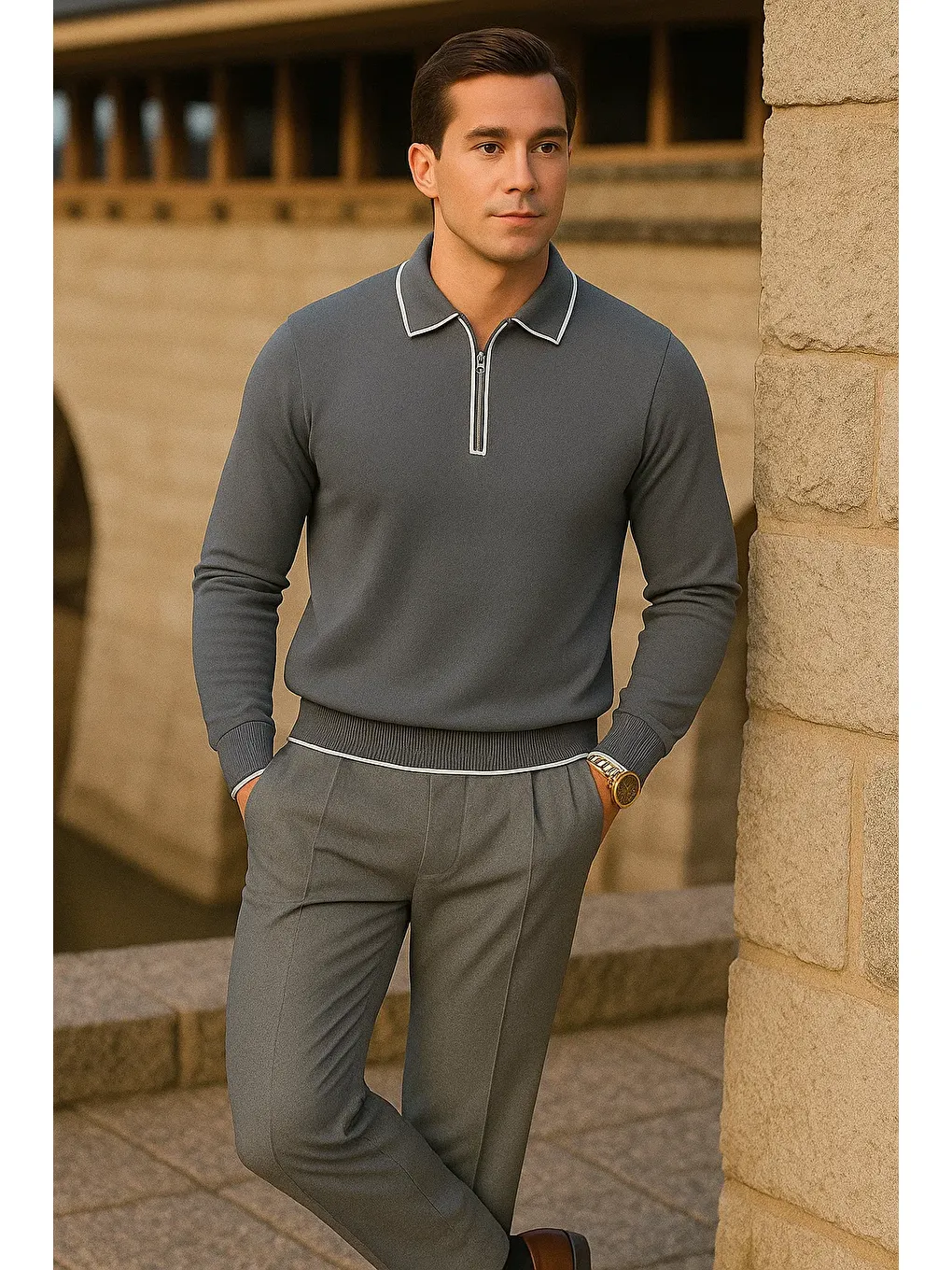 Gri Erkek Çizgili Trend Uzun Kollu Füme Polo Yaka Kazak-2