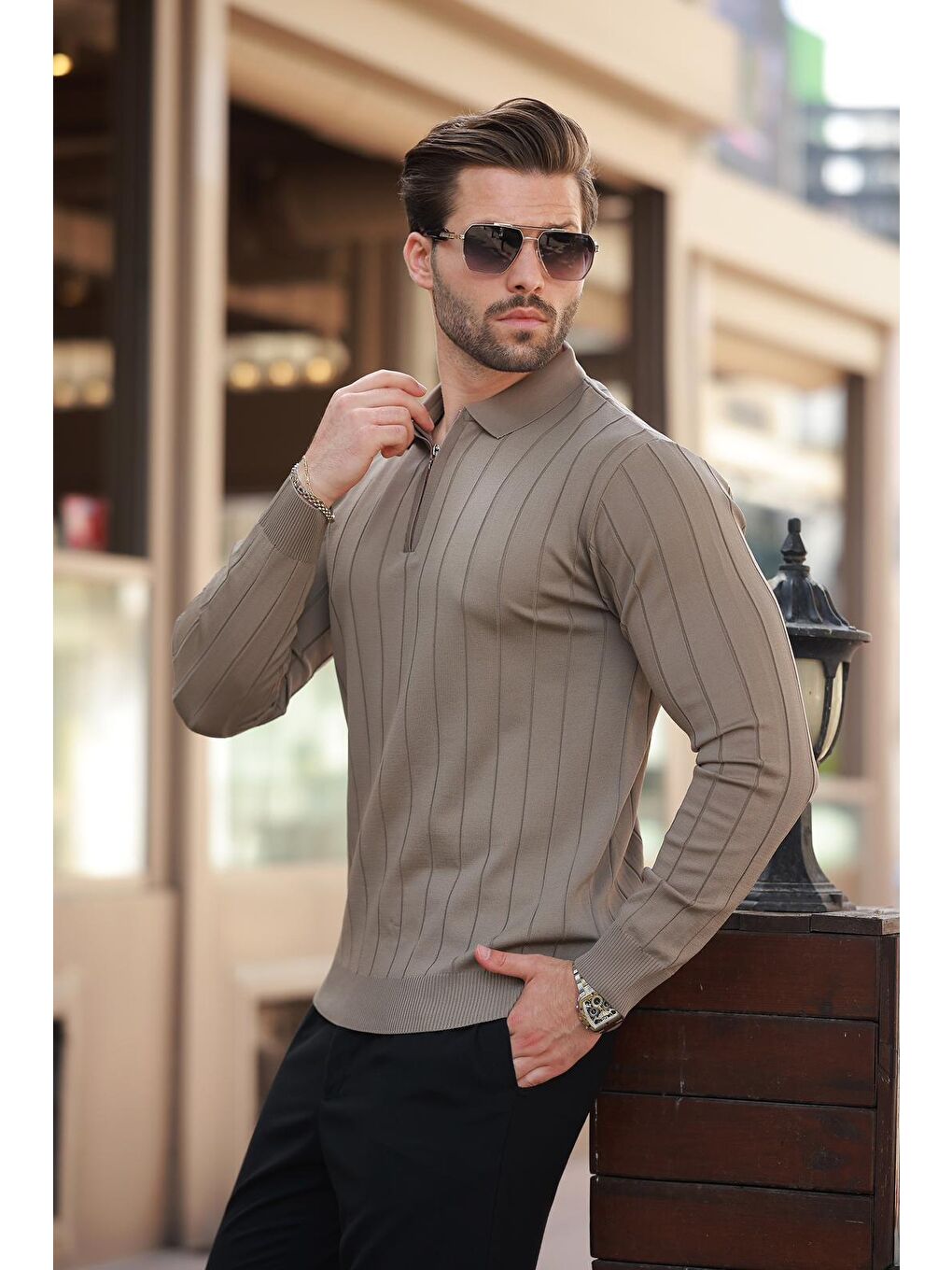 Açık Kahverengi Polo Yaka Fermuarlı Örme Kazak-4