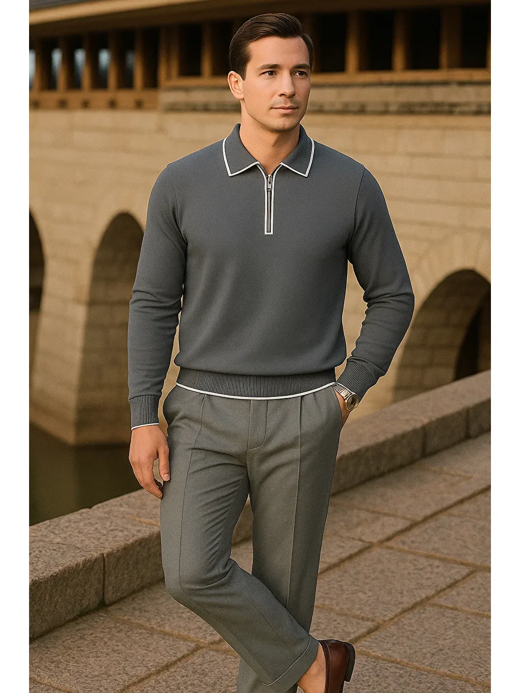 Gri Erkek Çizgili Trend Uzun Kollu Füme Polo Yaka Kazak-3