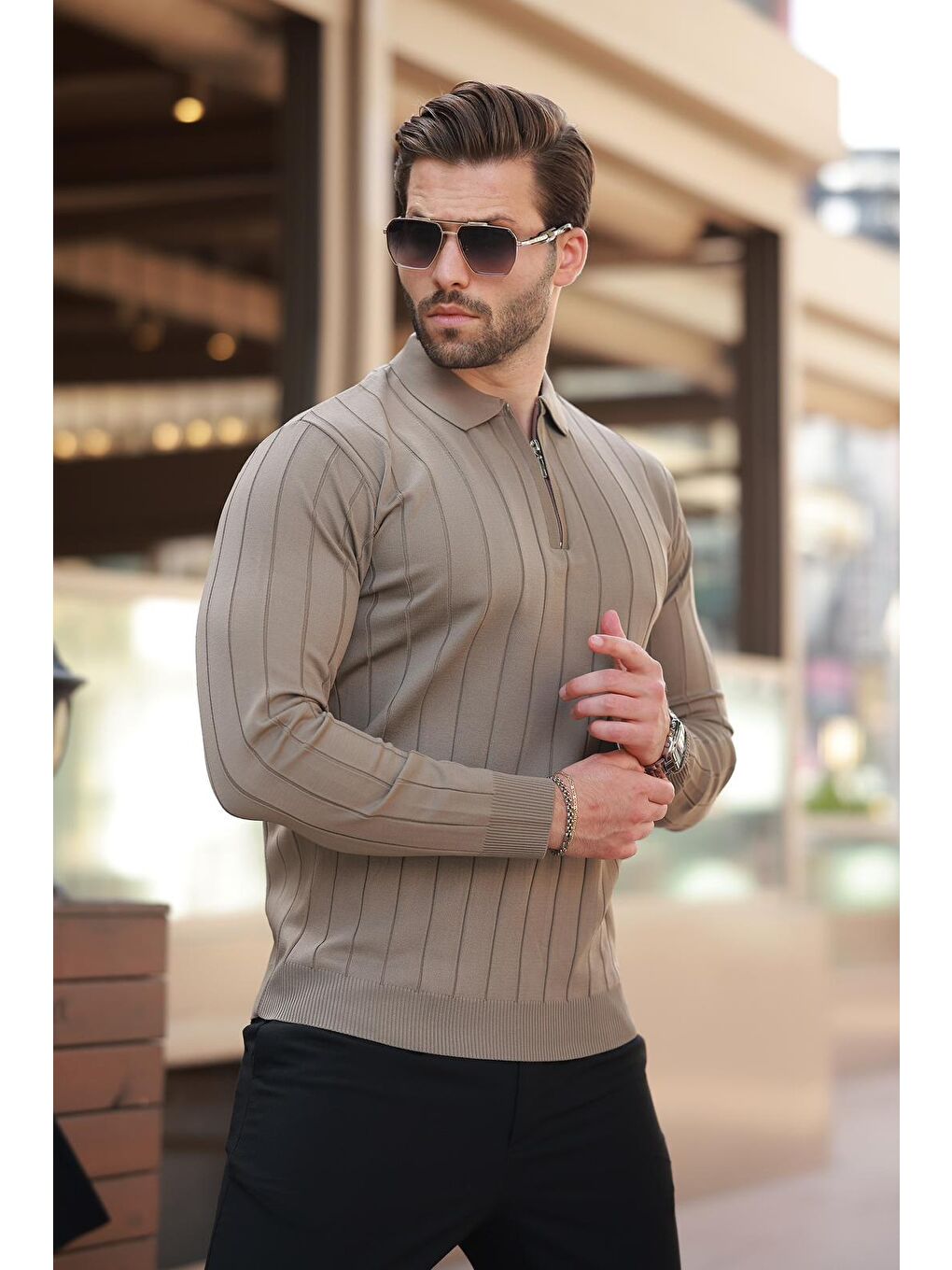 Açık Kahverengi Polo Yaka Fermuarlı Örme Kazak-5