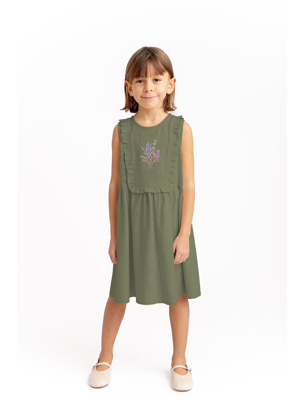 Dikdörtgen Robası Nakışlı Keten Elbise 2-7 Yaş Haki Yeşil