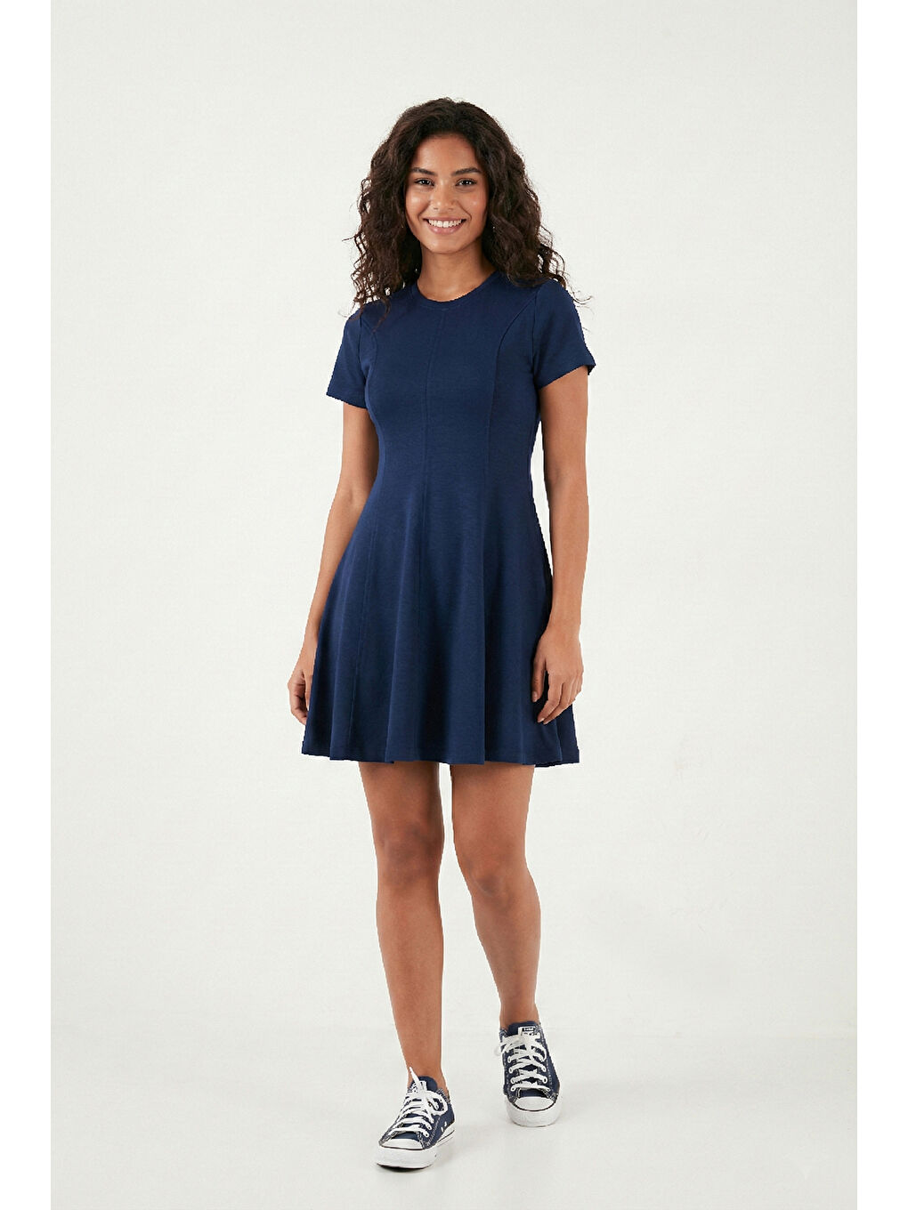 Lacivert Regular Fit Bisiklet Yaka Pileli Kadın Mini Elbise 5866342-2