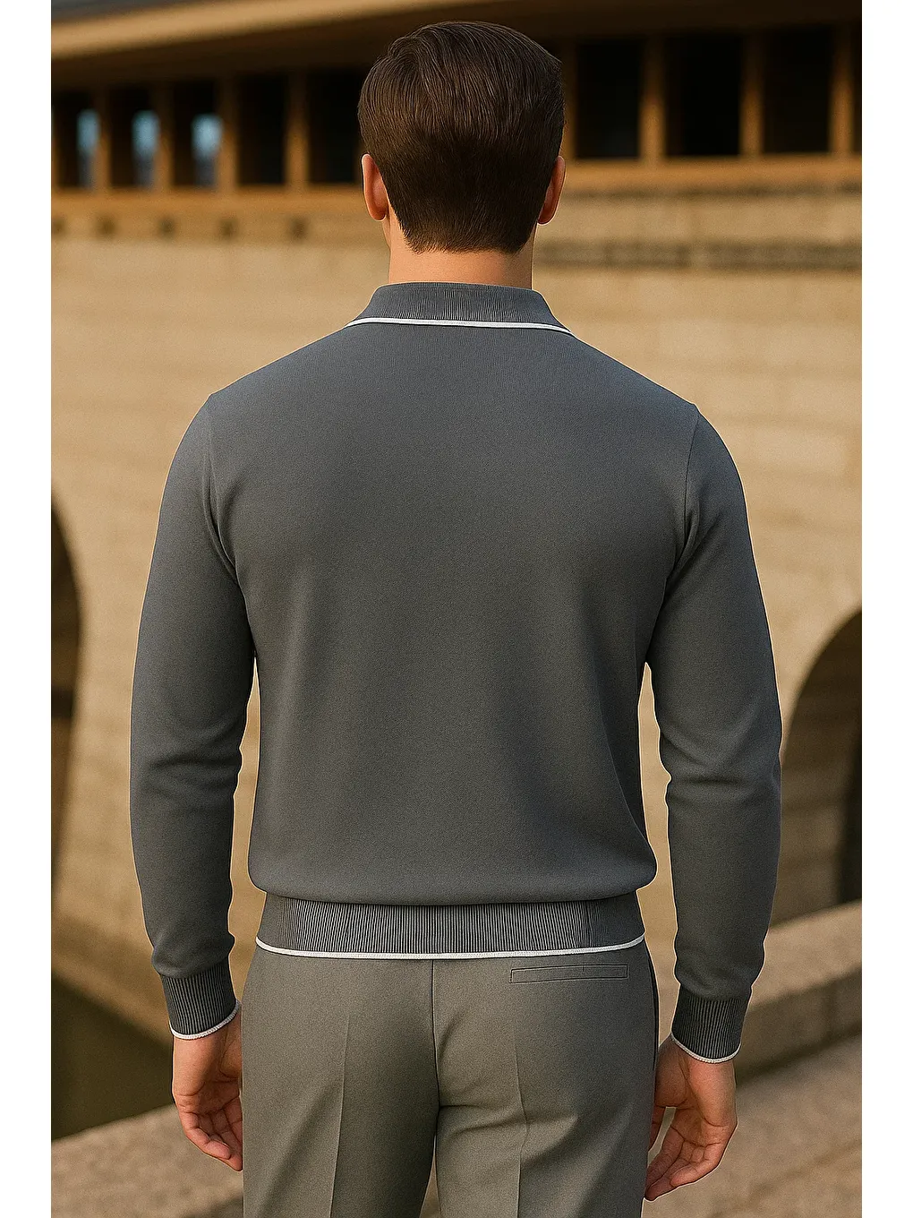 Gri Erkek Çizgili Trend Uzun Kollu Füme Polo Yaka Kazak-4