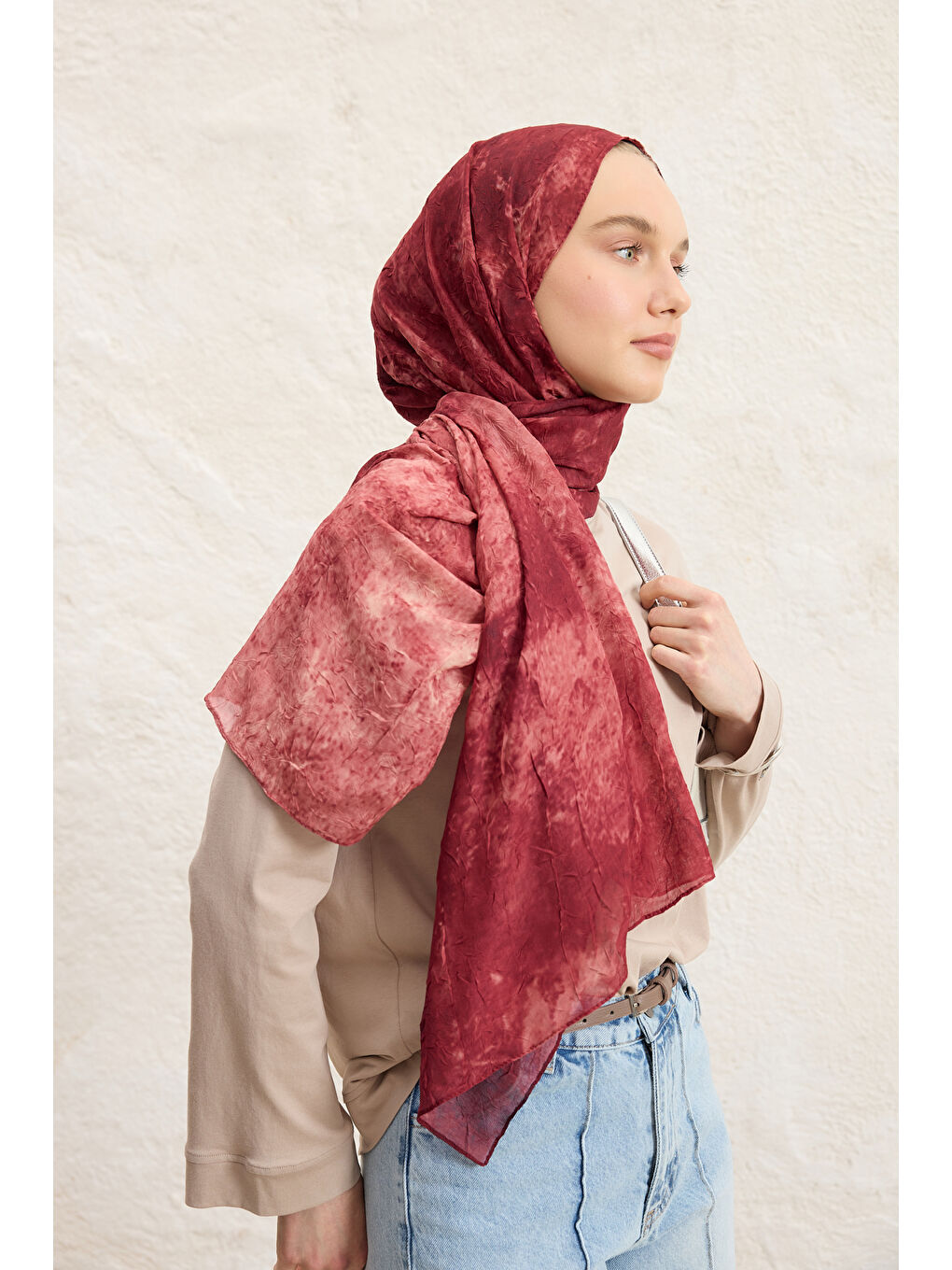 Vela Desenli Pamuk Şal Bordo-2