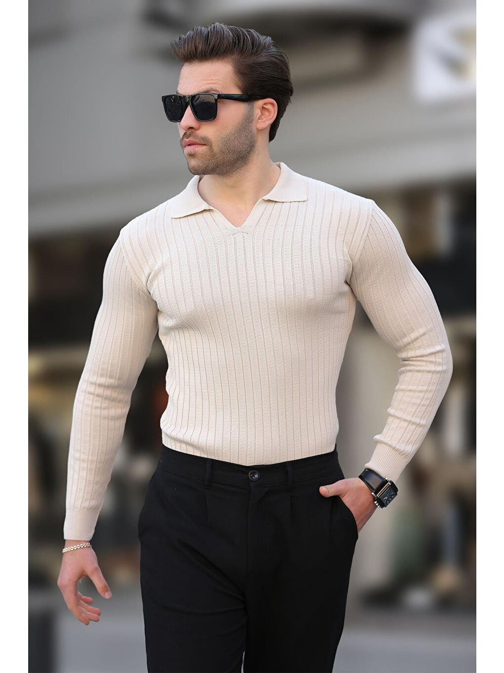 Bej Polo Yaka Çizgili Uzun Kollu Erkek Kazak 7289-1