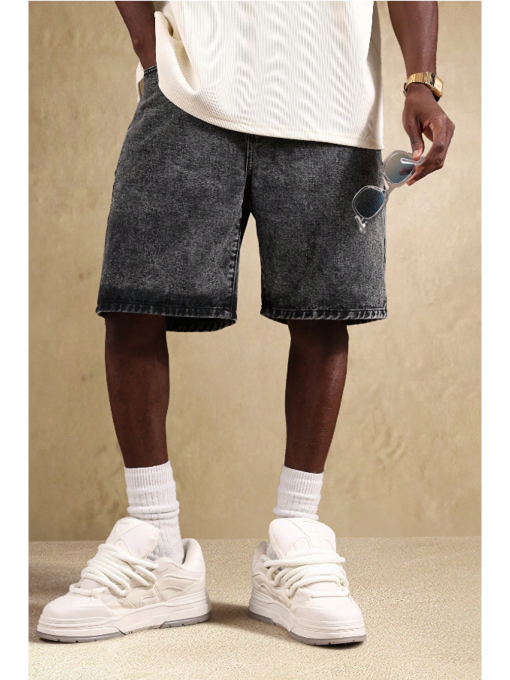 Erkek Baggy Fit Jean Şort Antrasit-1