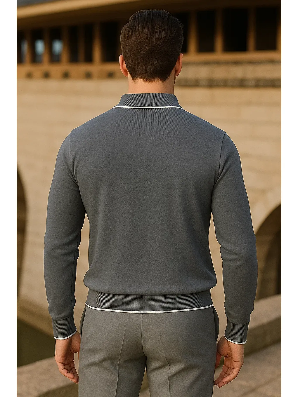 Gri Erkek Çizgili Trend Uzun Kollu Füme Polo Yaka Kazak-5