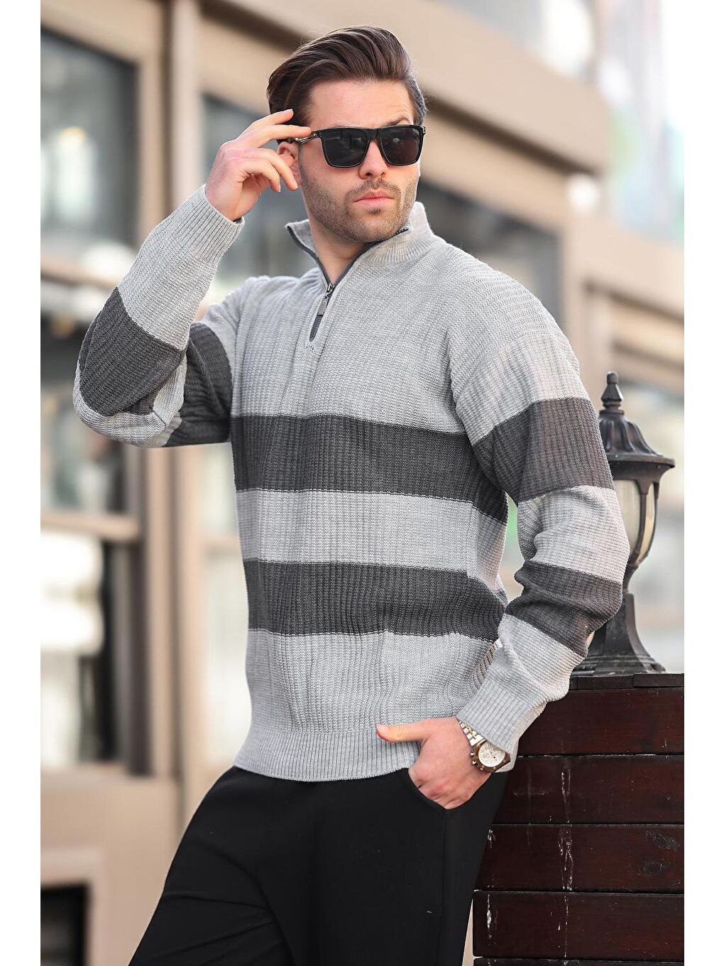 Gri Fermuar Yaka Çizgili Erkek Kazak E7272