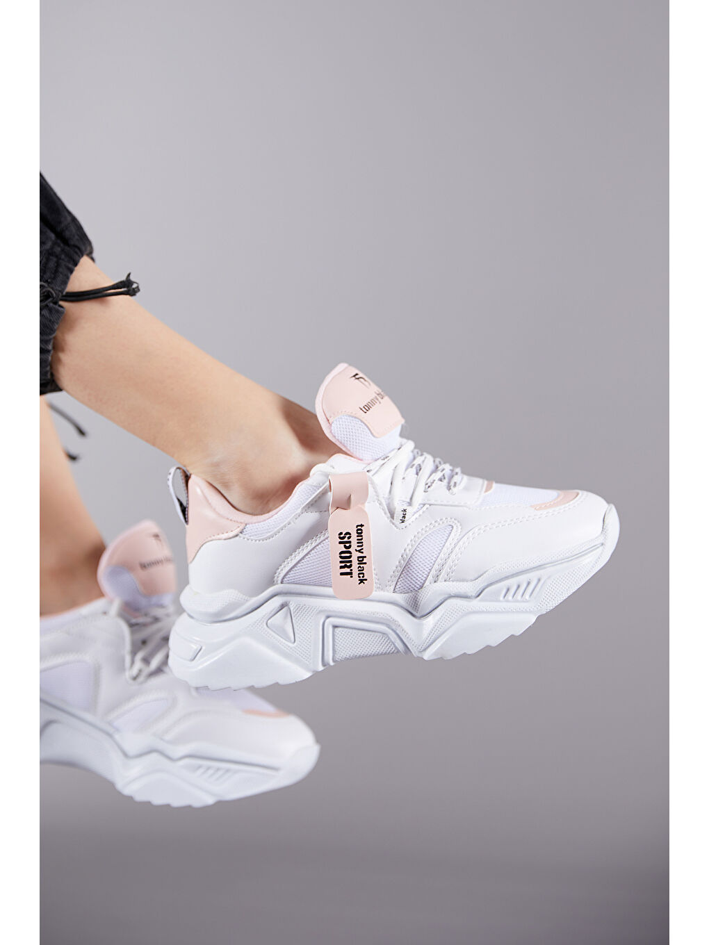 Kadın Beyaz Pembe Rahat Kalıp Yüksek Taban Çift Bağcıklı Spor Ayakkabı-4