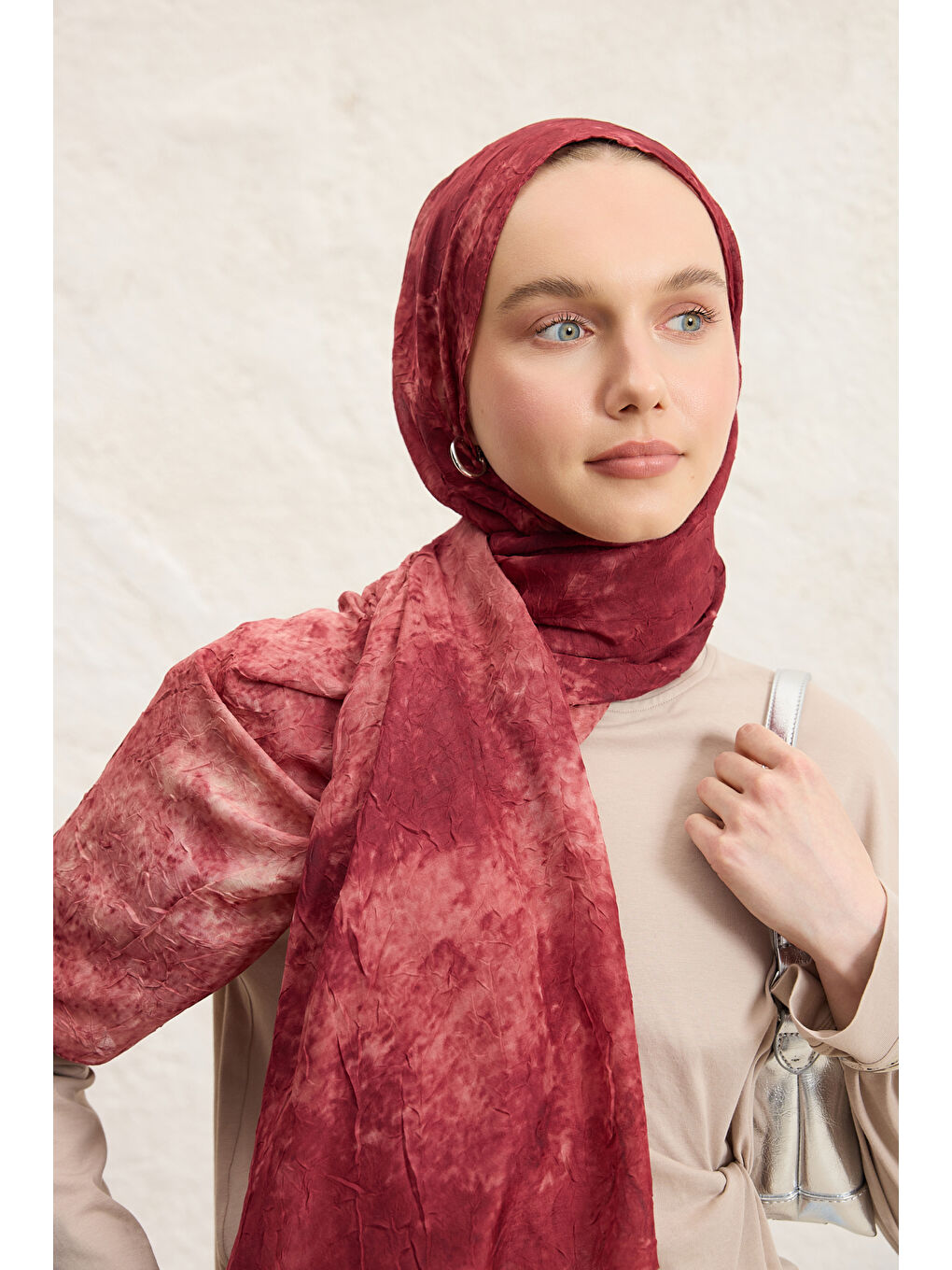 Vela Desenli Pamuk Şal Bordo-3