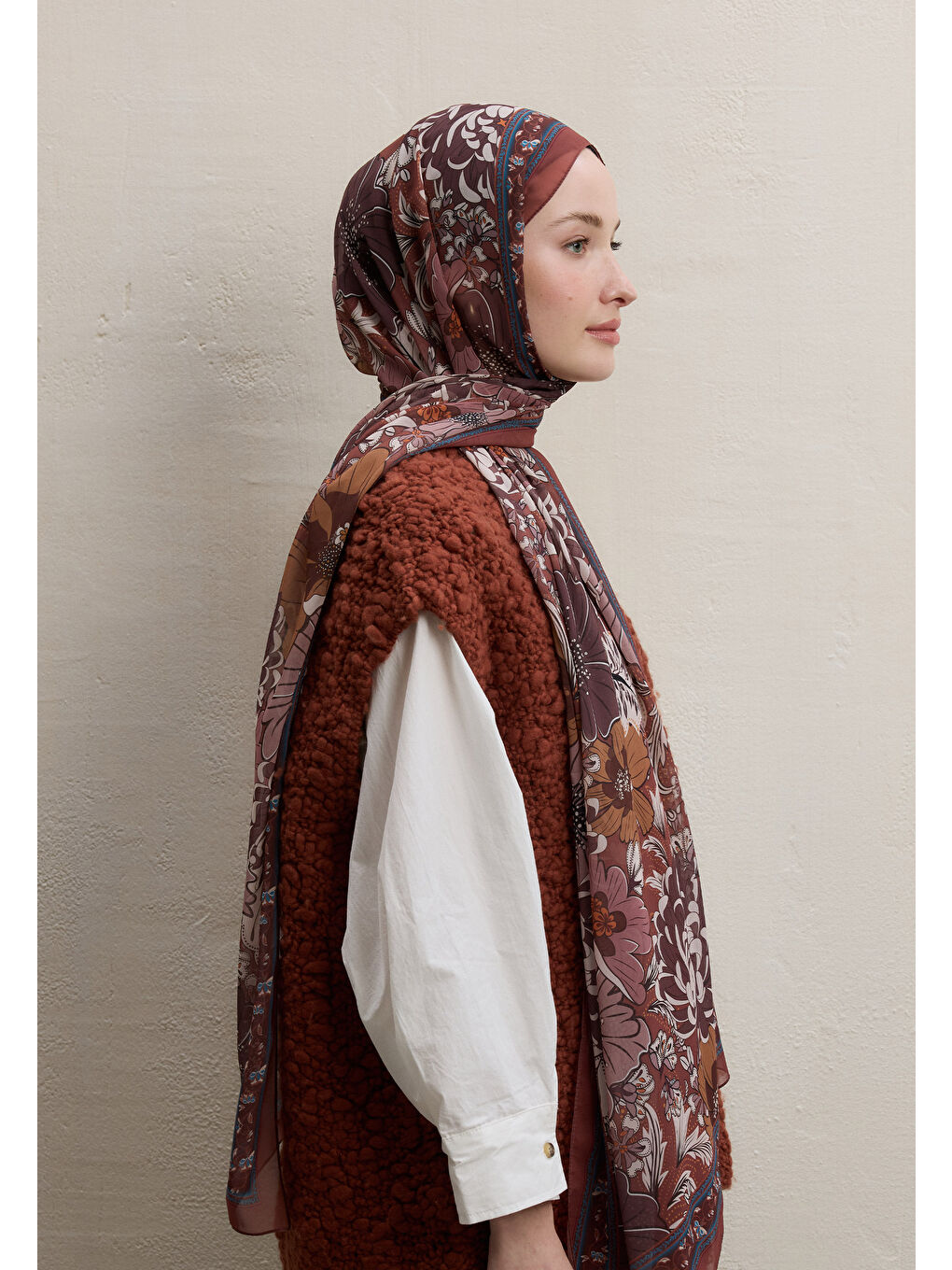 Kahverengi Dahlıa Desen İpek Krep Şal Kiremit-4