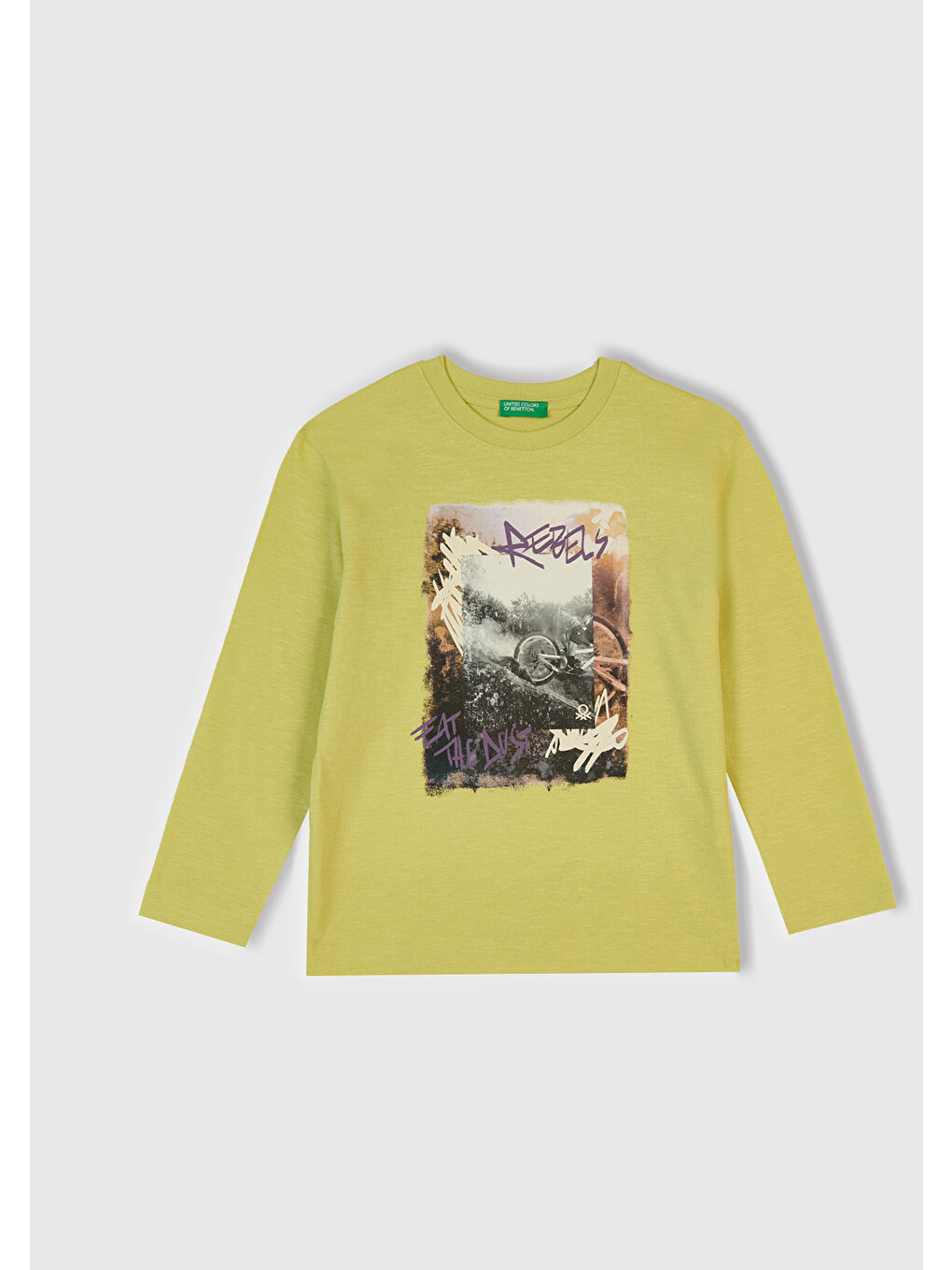 Sarı Erkek Çocuk Hardal Önü ve Arkası Baskılı Bisiklet Yaka Uzun Kollu T-shirt