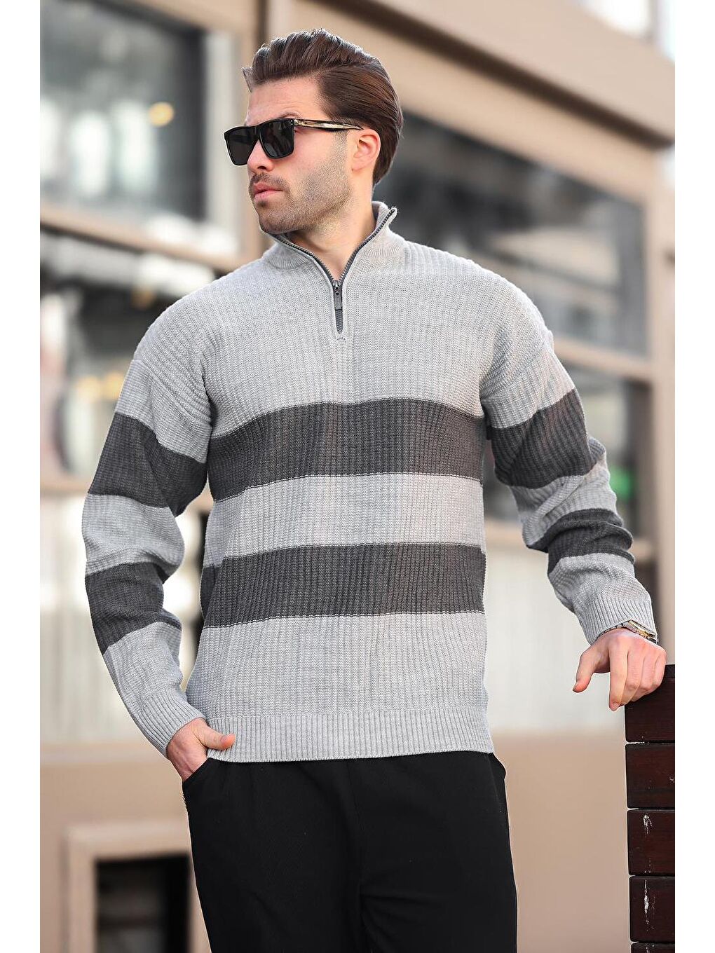 Gri Fermuar Yaka Çizgili Erkek Kazak E7272-1