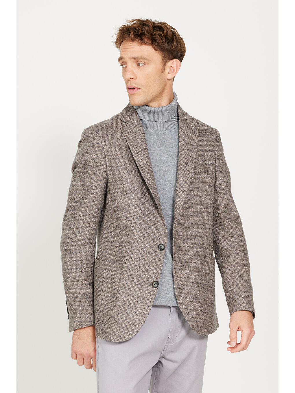 Kahverengi Erkek Kahve-Mavi Slim Fit Dar Kesim Mono Yaka Desenli Yünlü Ceket