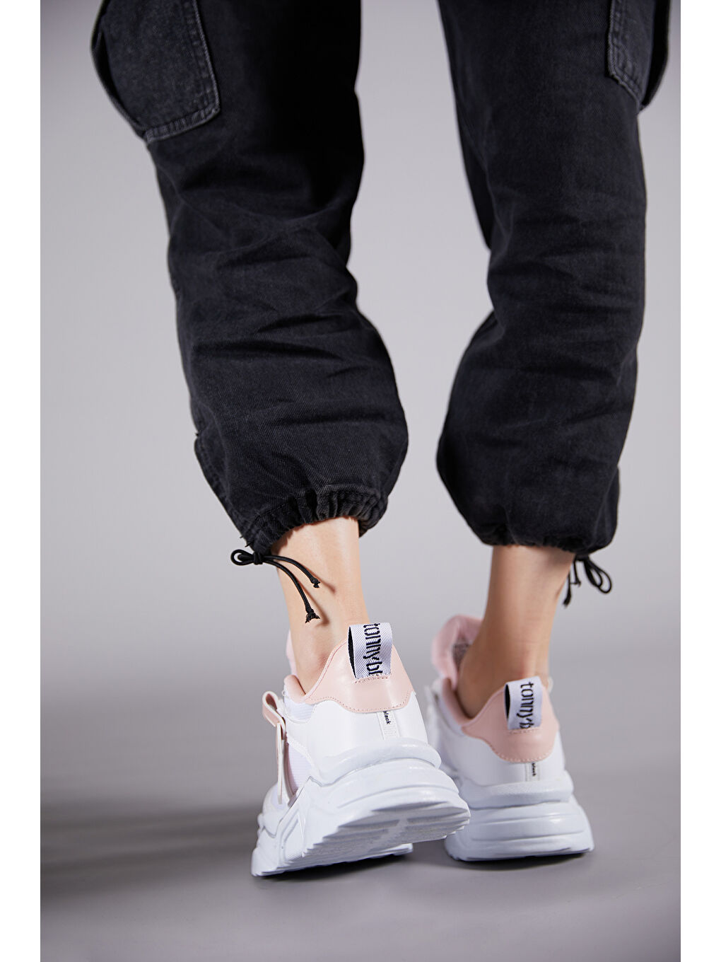 Kadın Beyaz Pembe Rahat Kalıp Yüksek Taban Çift Bağcıklı Spor Ayakkabı-5