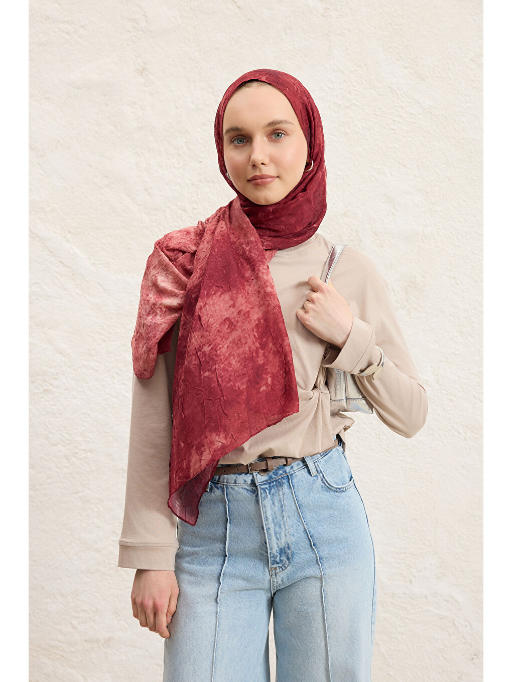 Vela Desenli Pamuk Şal Bordo-4