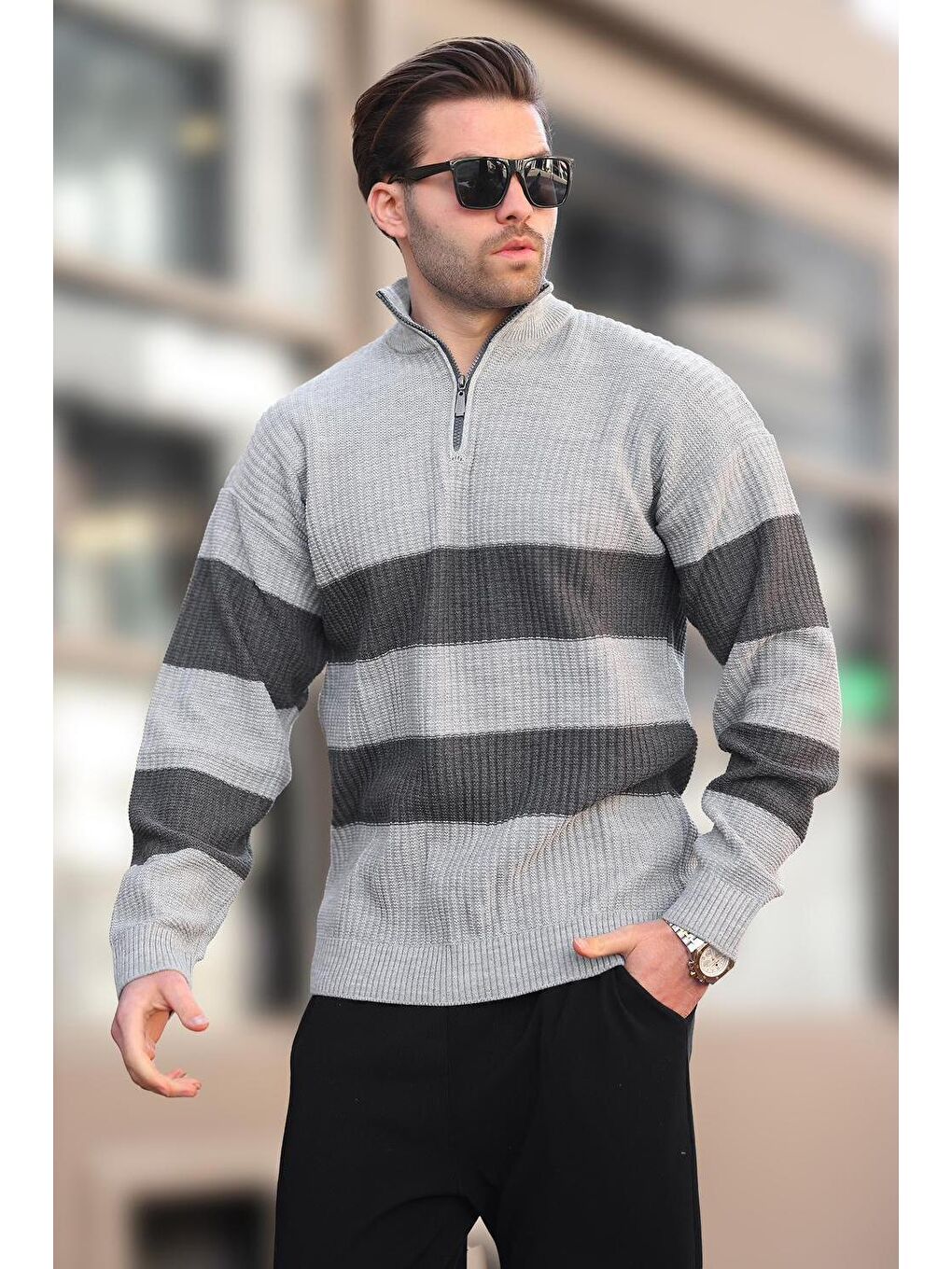 Gri Fermuar Yaka Çizgili Erkek Kazak E7272-2