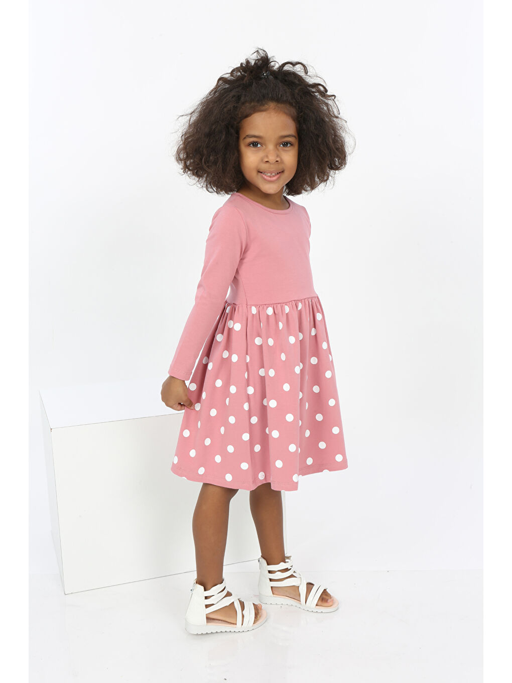 Pembe Kız Çocuk Etek Puantiye Baskılı Elbise-2