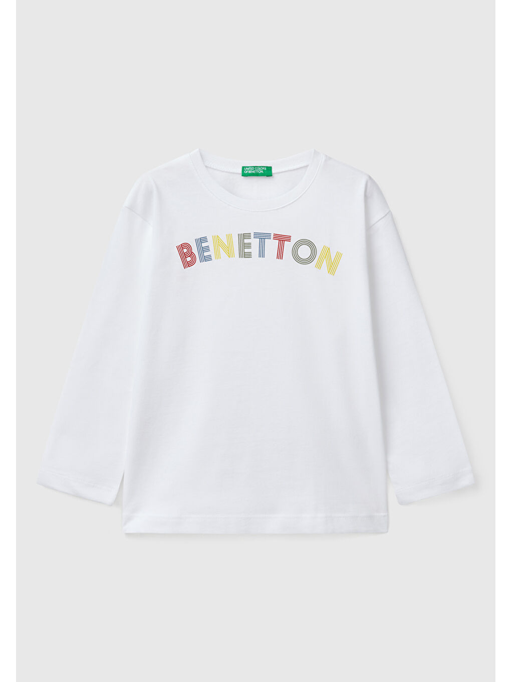 Erkek Çocuk Beyaz Benetton Logo Baskılı Uzun Kollu Tişört
