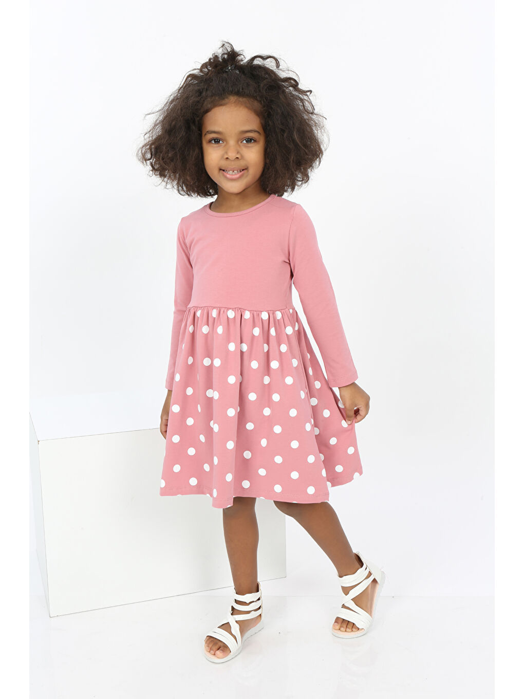 Pembe Kız Çocuk Etek Puantiye Baskılı Elbise-3