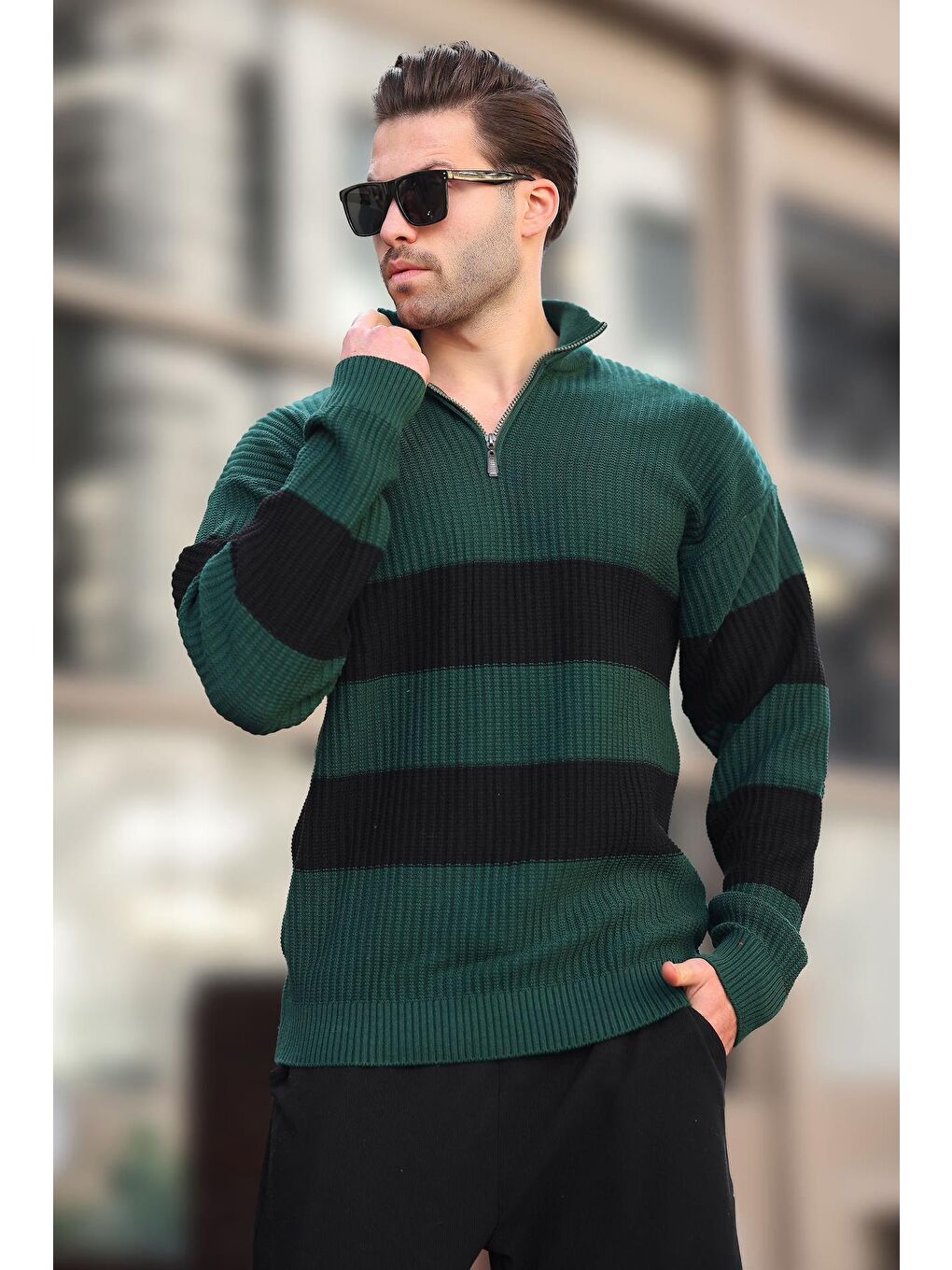 Yeşil Fermuar Yaka Çizgili Erkek Kazak E7272