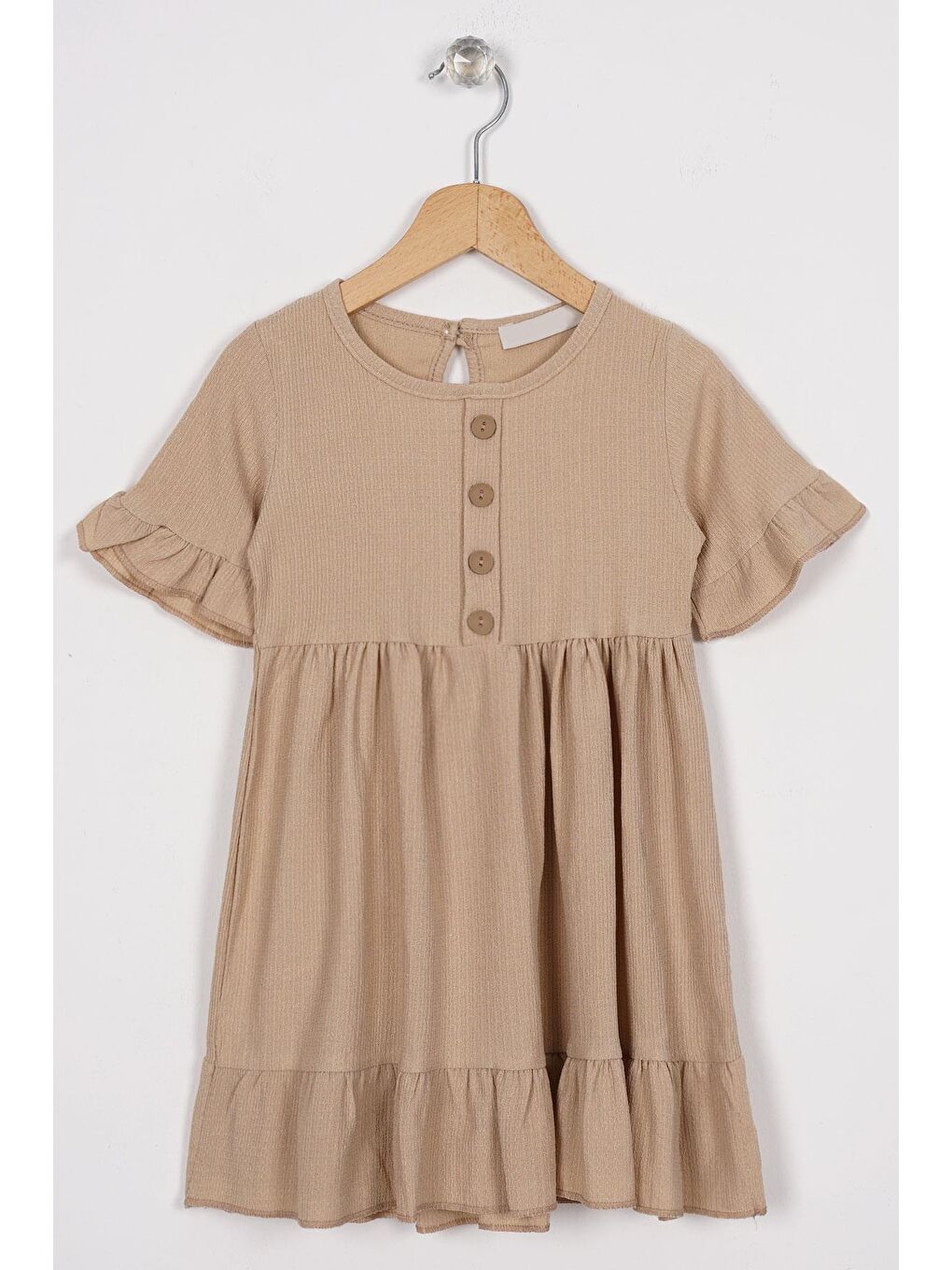Bisiklet Yaka Kısa Kol Fırfırlı Düğmeli Bej Renk Kız Çocuk Elbise
