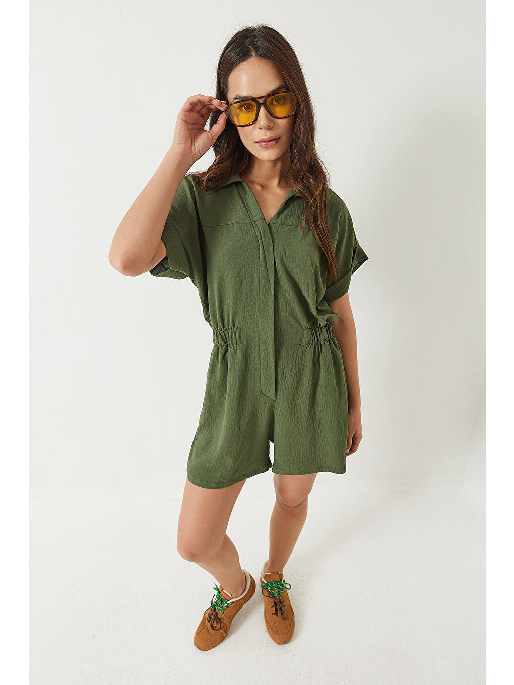 Haki Kadın Beli Lastikli Cepli Kısa Kollu Yakalı Şortlu Tulum-2