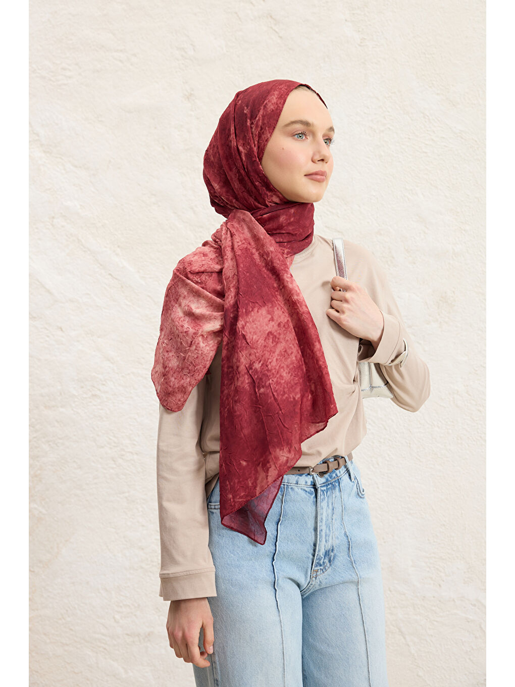 Vela Desenli Pamuk Şal Bordo-5