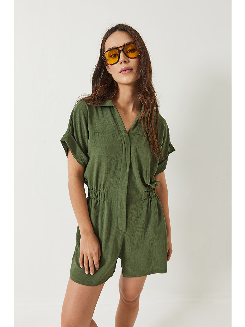 Haki Kadın Beli Lastikli Cepli Kısa Kollu Yakalı Şortlu Tulum-3