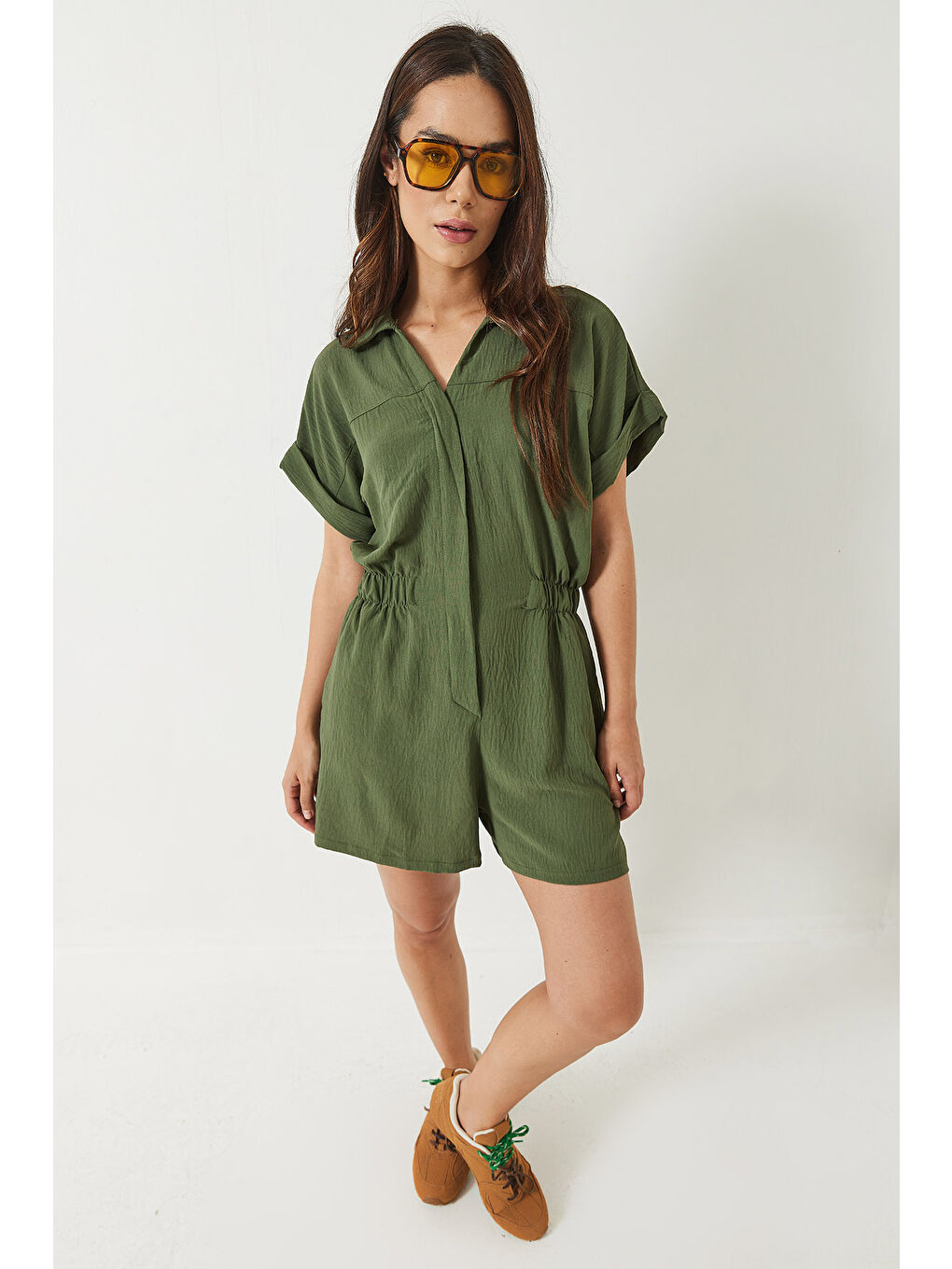 Haki Kadın Beli Lastikli Cepli Kısa Kollu Yakalı Şortlu Tulum-4