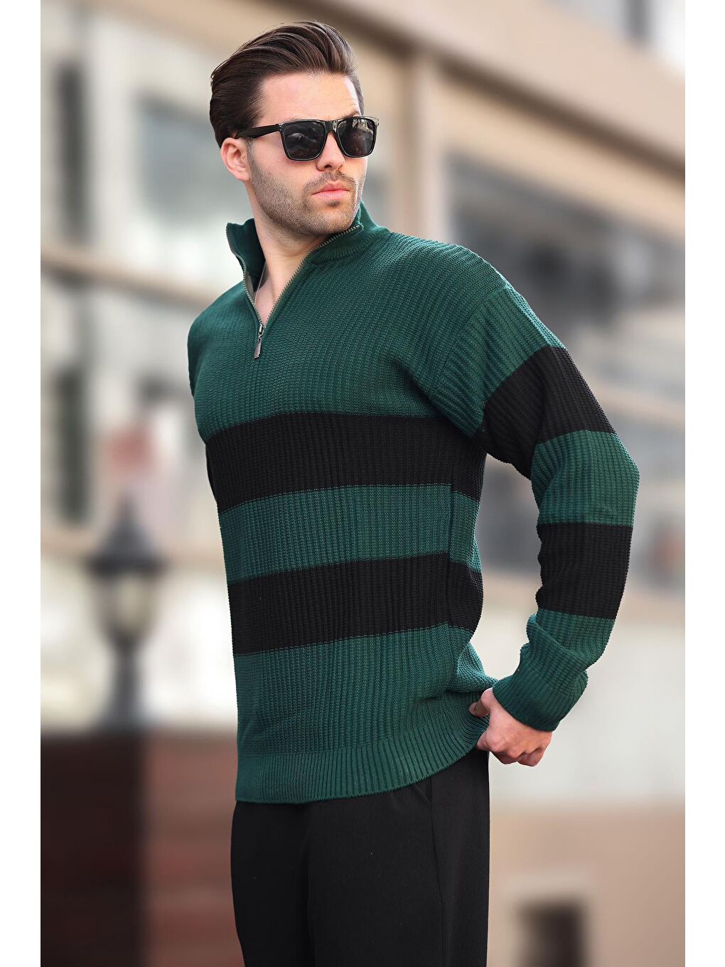 Yeşil Fermuar Yaka Çizgili Erkek Kazak E7272-1