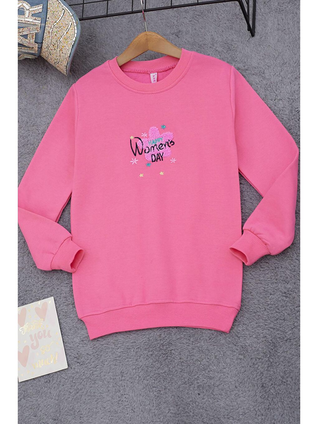 Pembe Çiçek Nakışlı Kız Çocuk Kız Çocuk Sweatshirt 17193-2