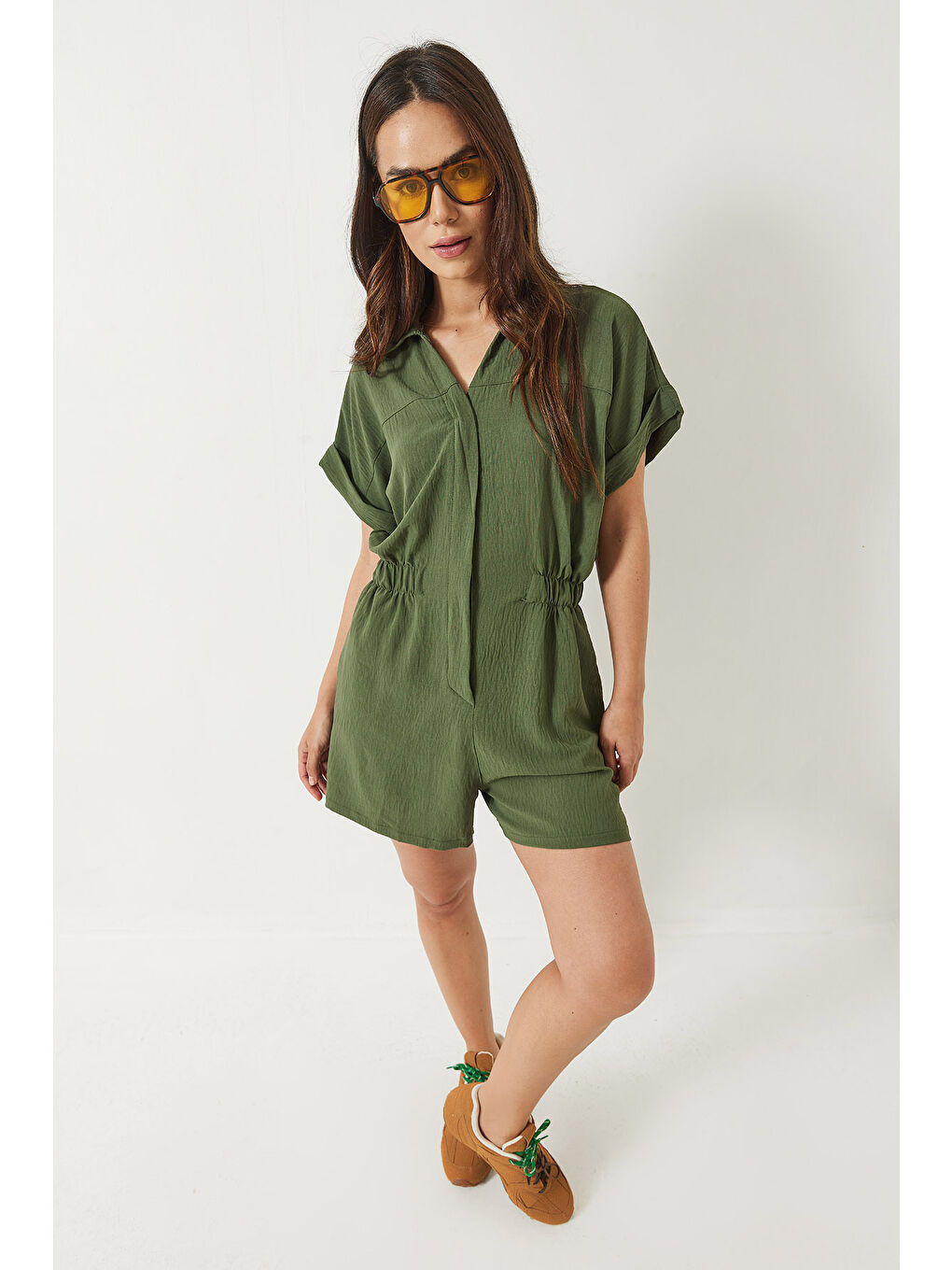 Haki Kadın Beli Lastikli Cepli Kısa Kollu Yakalı Şortlu Tulum-6