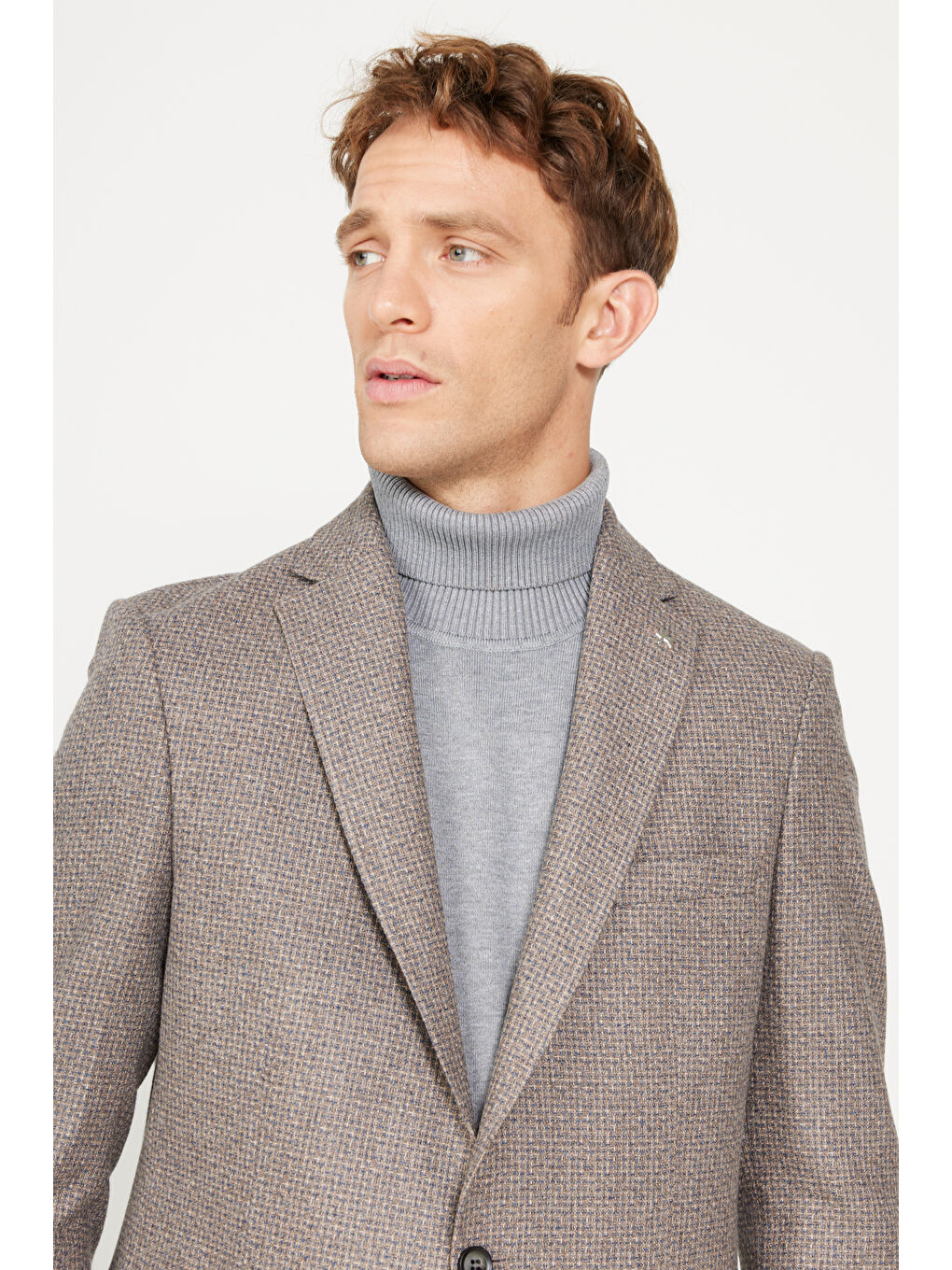 Kahverengi Erkek Kahve-Mavi Slim Fit Dar Kesim Mono Yaka Desenli Yünlü Ceket-4