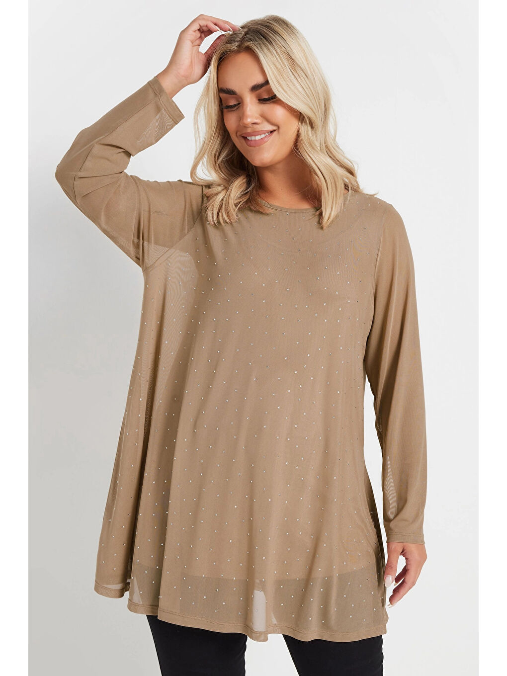 Kahverengi Büyük Beden Uzun Kollu İçi Astarlı Taş İşlemeli Bluz 303787