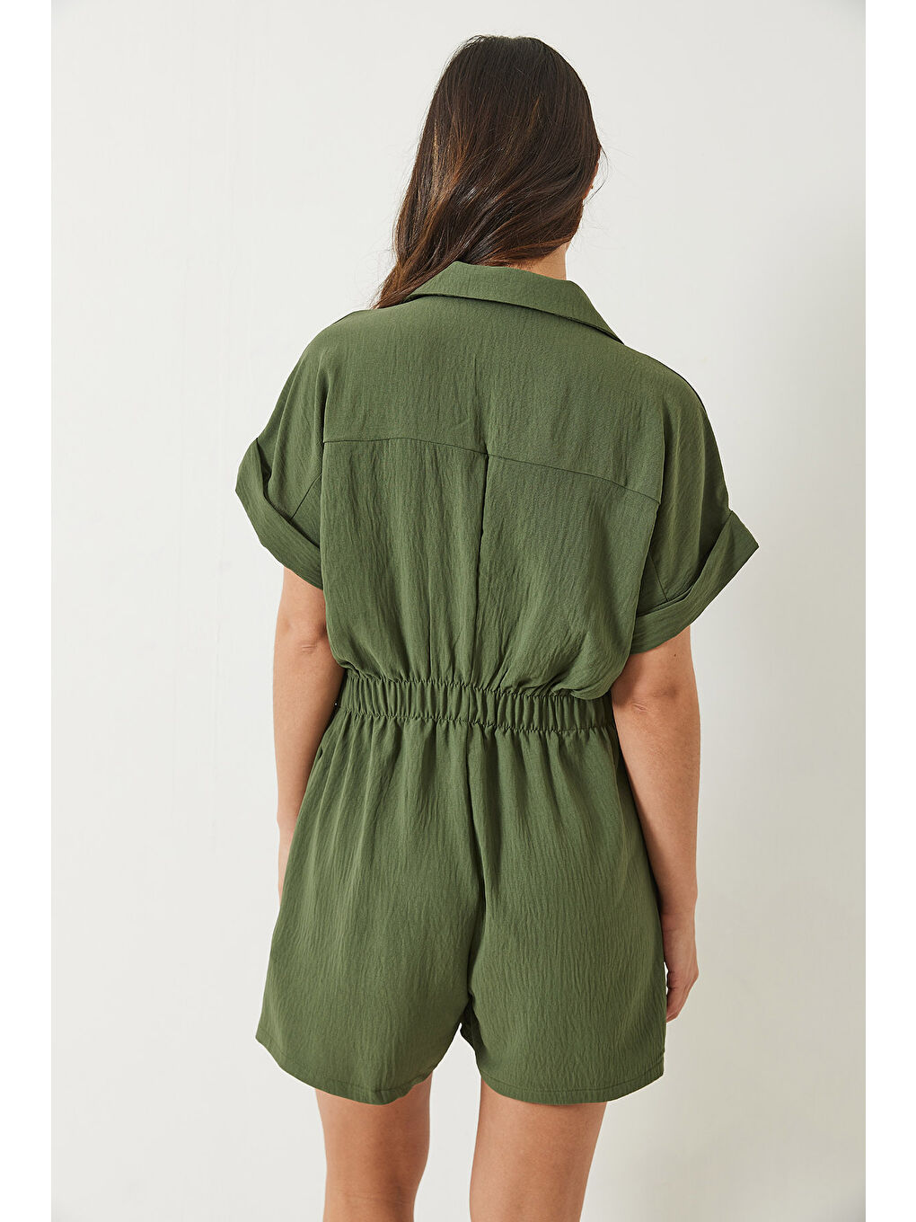 Haki Kadın Beli Lastikli Cepli Kısa Kollu Yakalı Şortlu Tulum-7