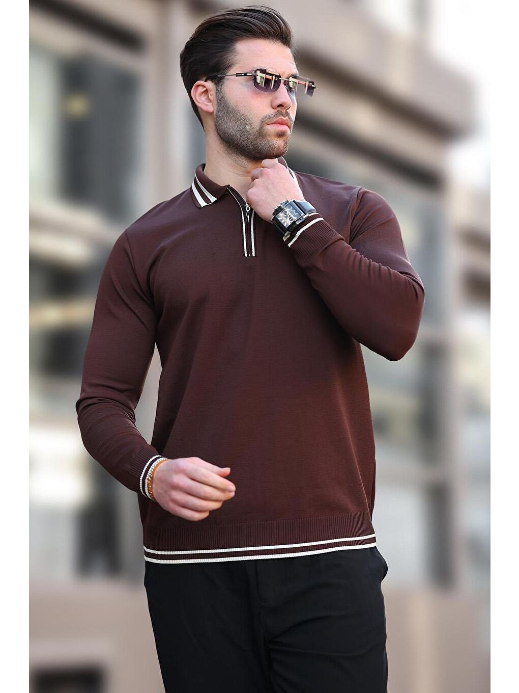 Kahverengi Fermuar Yaka Çizgi Detaylı Erkek Kazak E7290-1