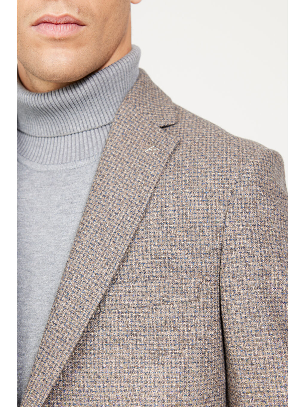 Kahverengi Erkek Kahve-Mavi Slim Fit Dar Kesim Mono Yaka Desenli Yünlü Ceket-5