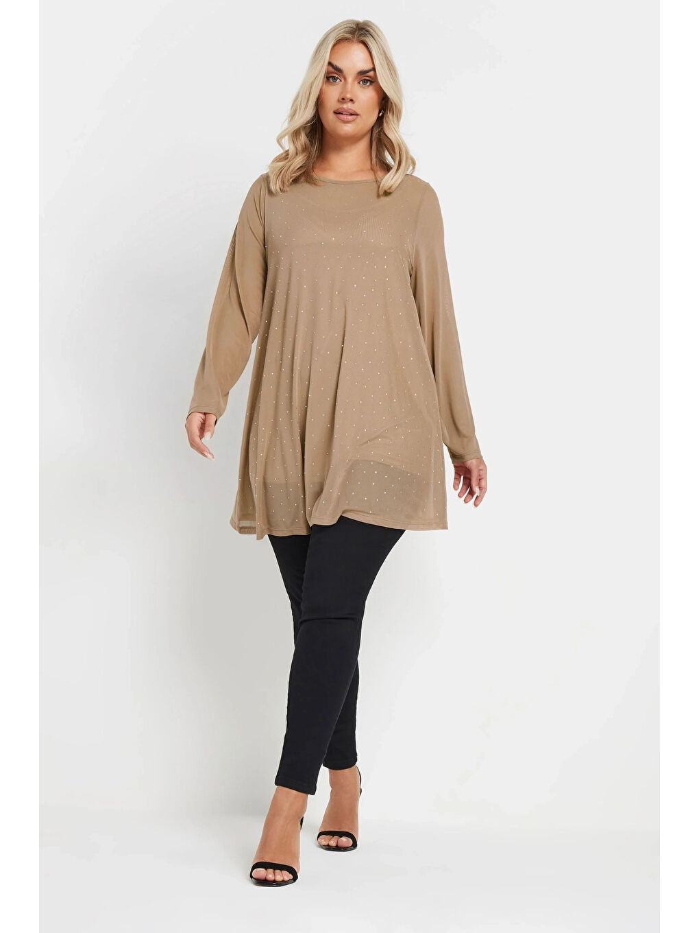 Kahverengi Büyük Beden Uzun Kollu İçi Astarlı Taş İşlemeli Bluz 303787-3