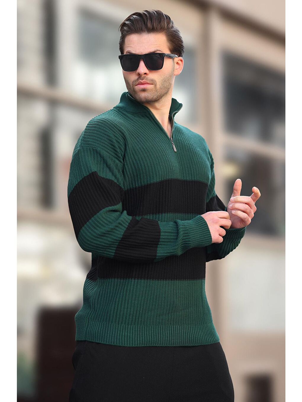 Yeşil Fermuar Yaka Çizgili Erkek Kazak E7272-2